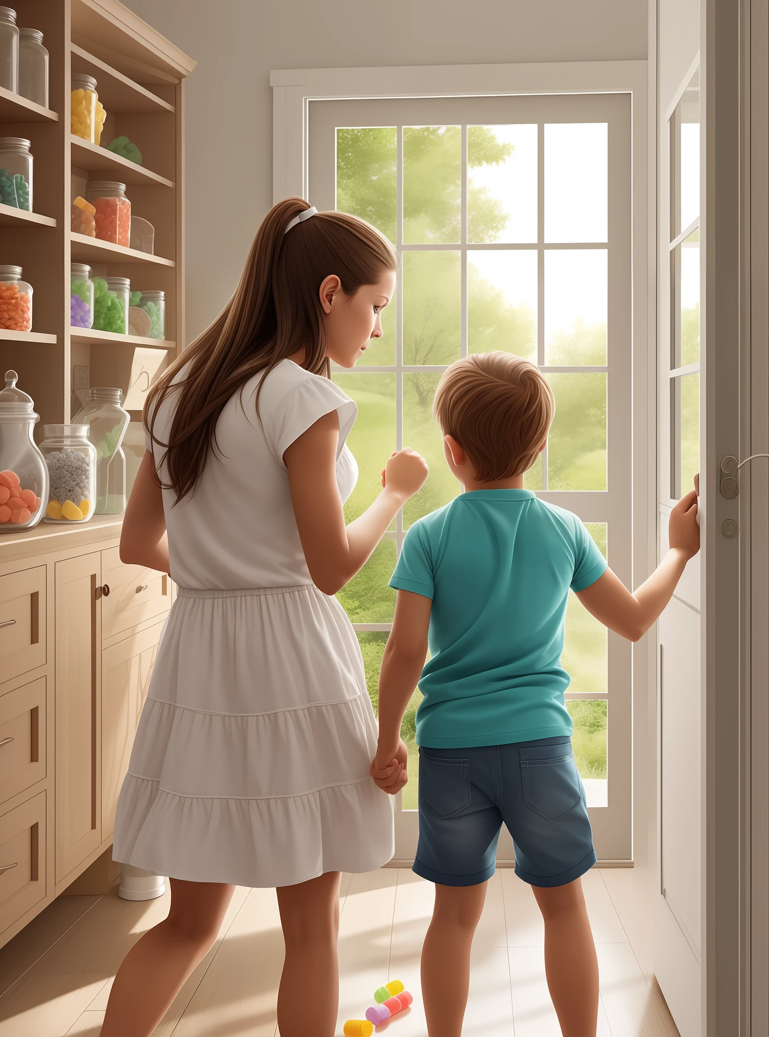 Realistic image of a mother fighting with her young son and a clean house with windows and candy jars