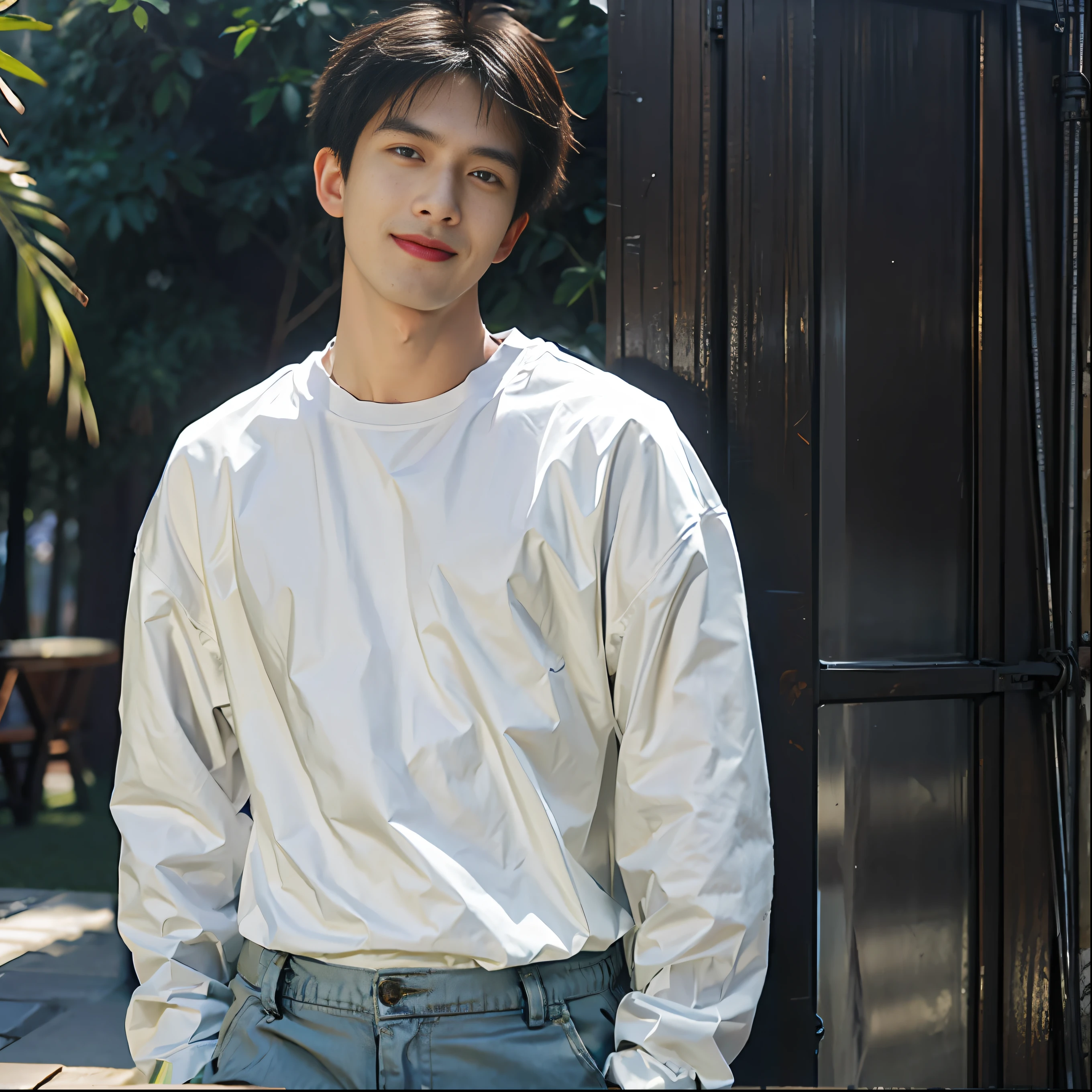 masterpiece, best quality, highres, ultra high res,real, photorealistic,Young man,Handsome face,evening,natural lighting,looking at viewer,outdoor,full body,smile,Wear a shirt with bright patterns on the upper body,The lower part of the body wears light blue three-quarter bright trousers,