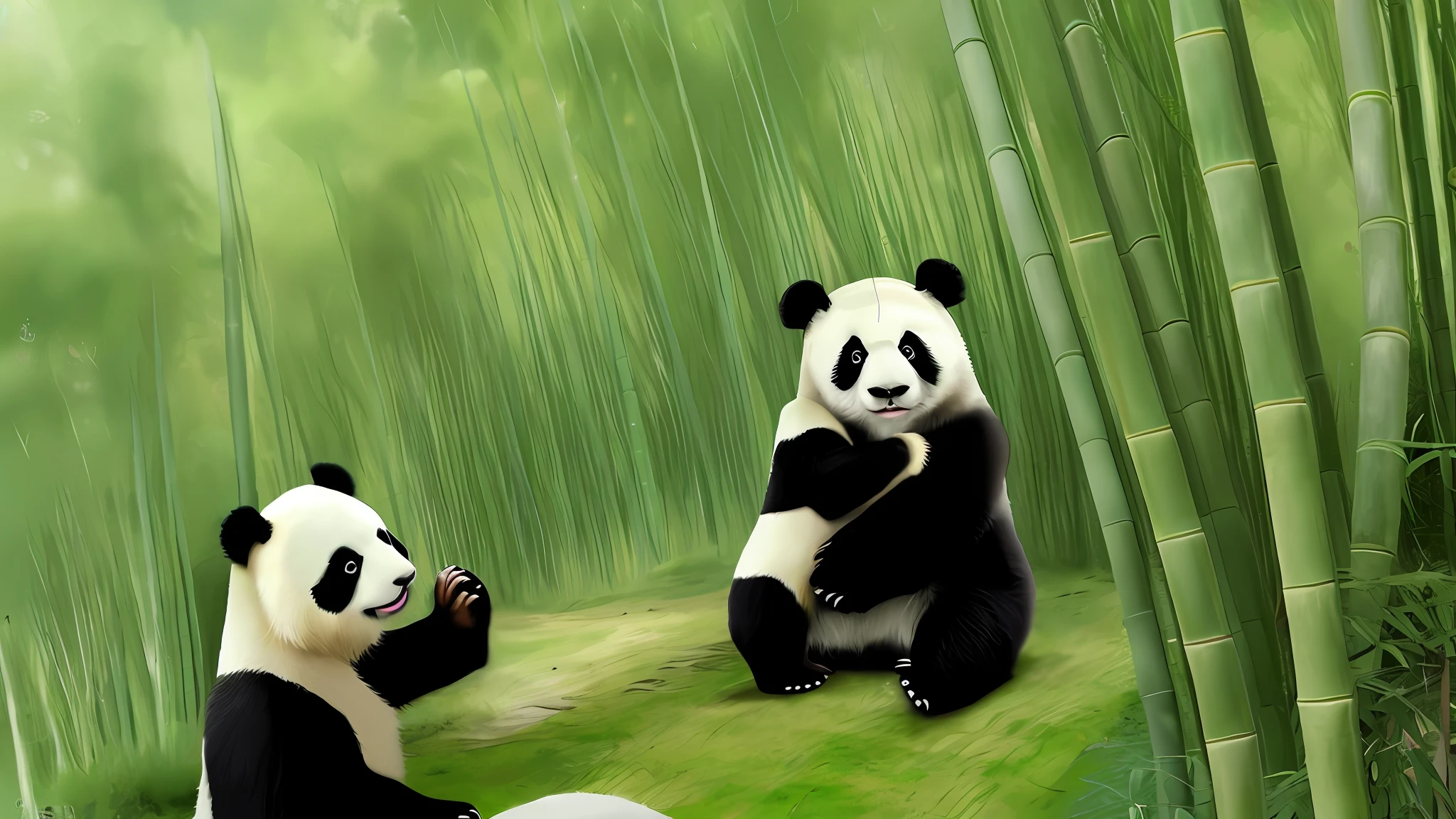 The bamboo forest is dense, the emerald green bamboo leaves sway in the wind, and the little girl's heart is full of longing for giant pandas, hoping to get close to them, and the little girl is excited to get close to the giant panda, she feels its warmth and friendliness. Without hesitation, she stretched out her arms and extended an invitation to hug the giant pandas. The giant panda lowered his body slightly, and seemed to understand the little girl's intention. It opened its arms and gave the little girl a big hug. The little girl's heart was full of joy and happiness, and she felt the warmth and love of the giant panda. This hug seemed to connect her and the giant panda's hearts, bringing them closer to each other.