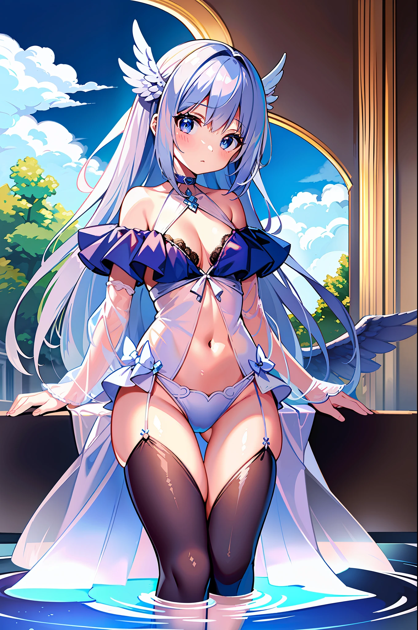 (MASTERPIECE), (Best Quality), (Ultra Detail), Official Art, One Girl, Silver-haired Lori, Petite Little Girl, Loli, Blue and White See-Through Robe, Sleeveless, Off Shoulder, Small, Very Small, Small, Underboob, Cleavage, Thigh Focus, Navel Out, White Wings, Card Illustration, Angel Standing in the Fountain