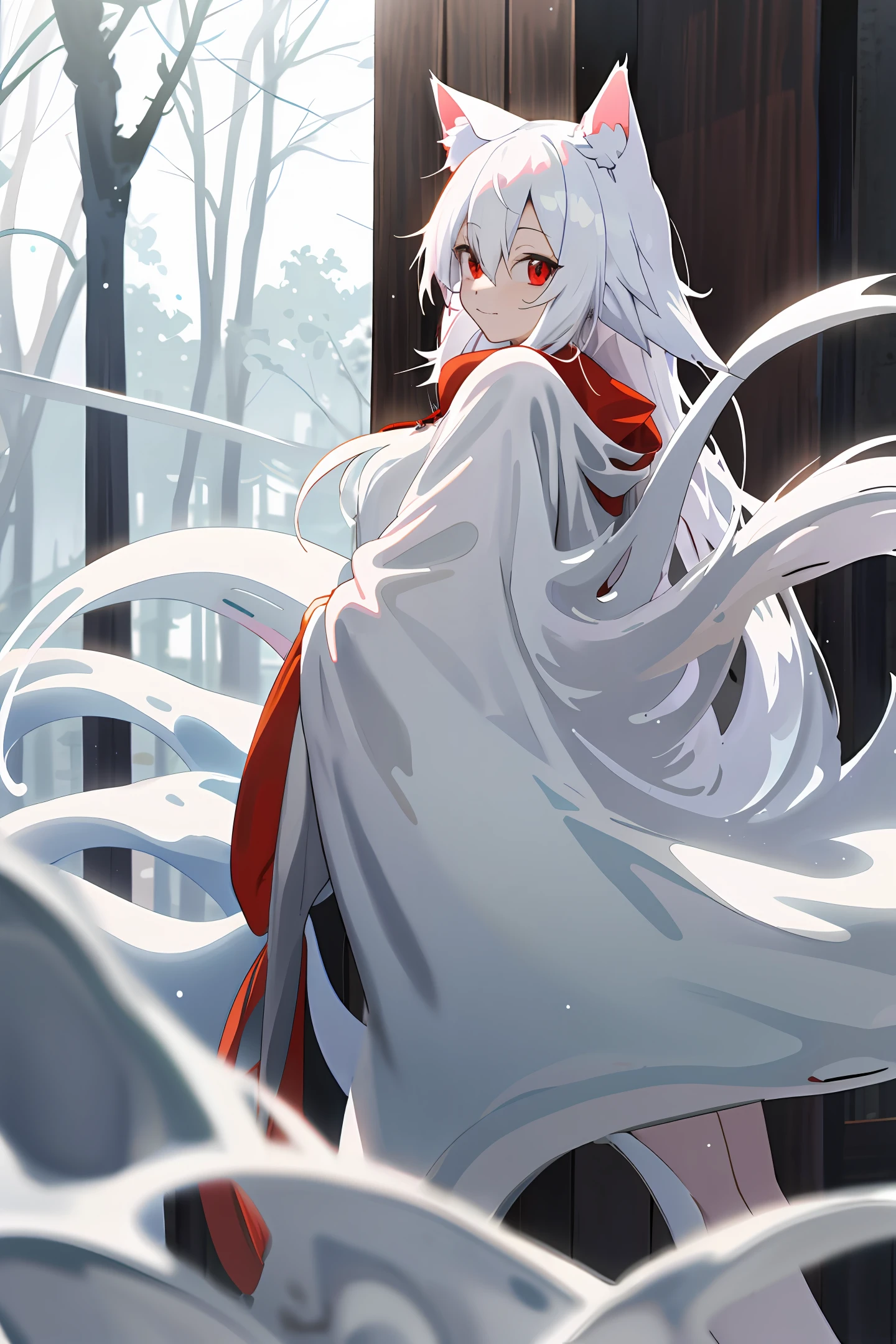 Girls, anime, witch costumes, white hair, red eyes, white cat ears, fox tail, shrines, nude, wrapped in white slime