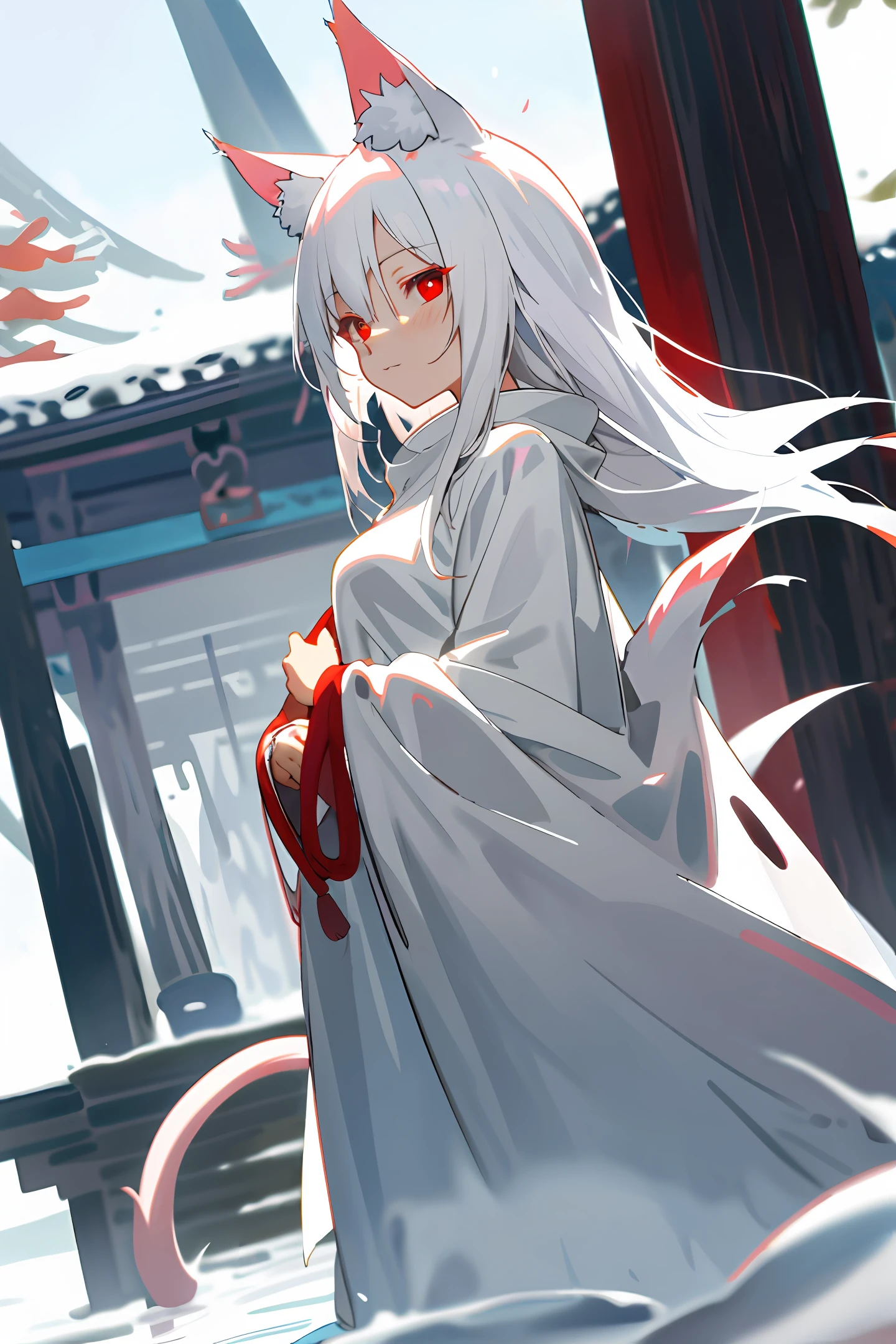 Girls, anime, witch costumes, white hair, red eyes, white cat ears, fox tail, shrines, nude, wrapped in white slime