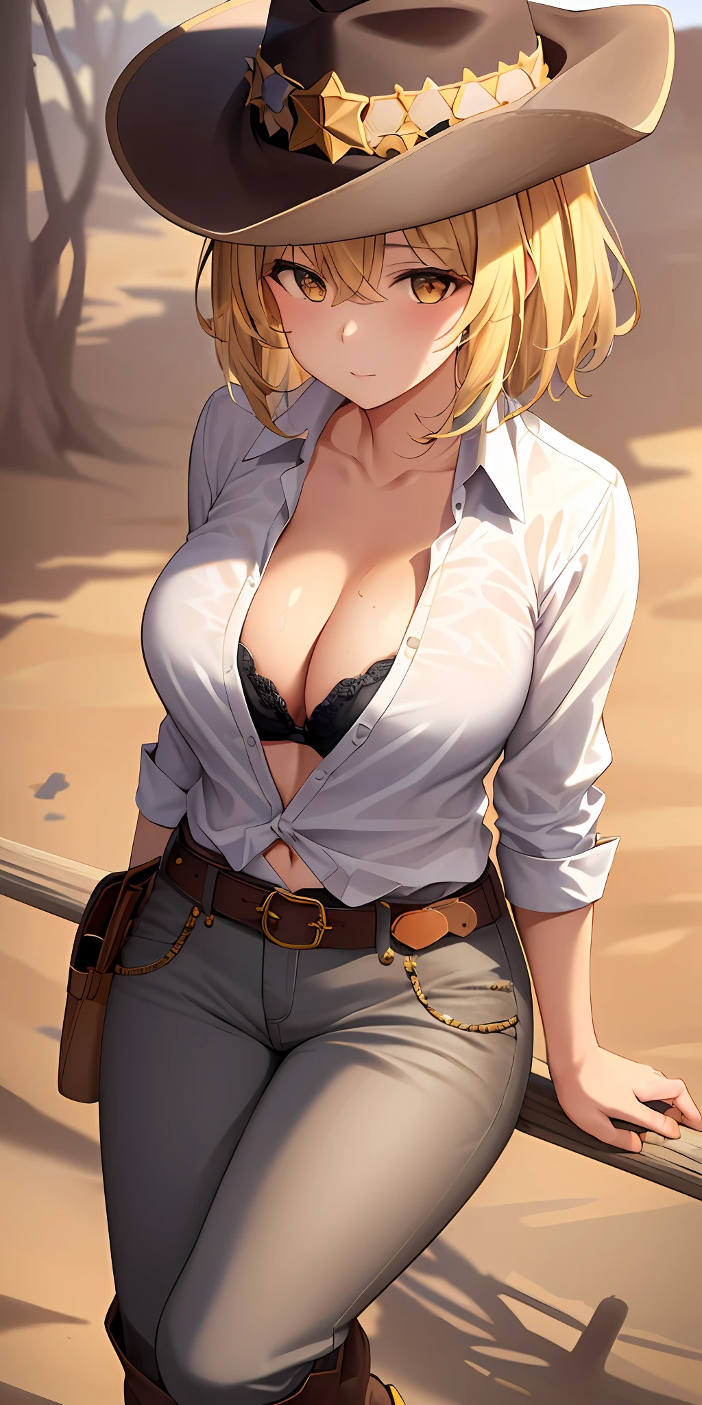 1girl, solo, blonde medium hair, large breasts, thighs, cleavage, (unbuttoned shirt, sheriff hat, leathet pants, cowboy boots), desert background, orange sky