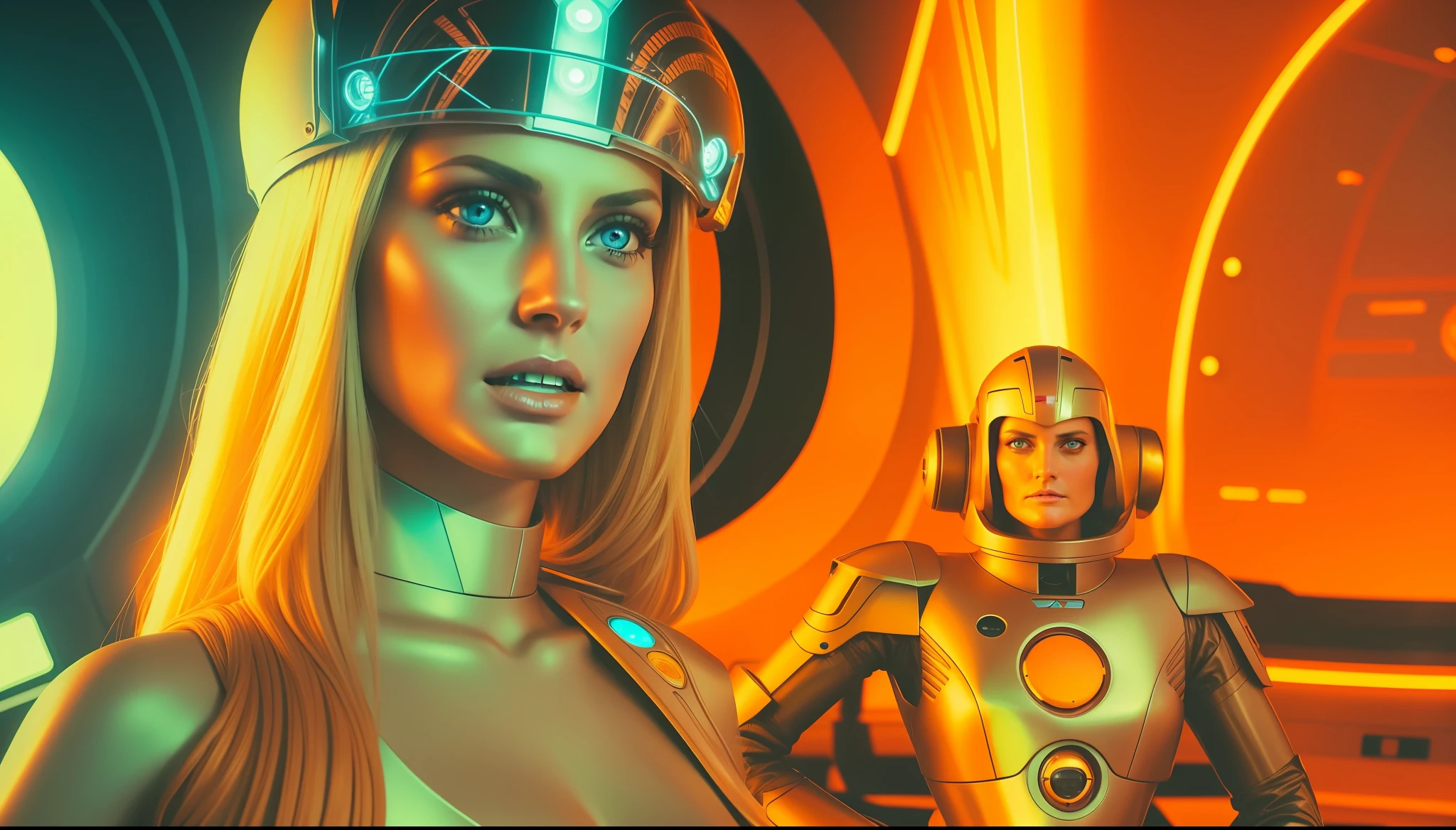 a woman (Amber Valletta) in a sci - fi fi outfit standing next to a robot, poster art by David LaChapelle, featured on zbrush central, retrofuturism, sci-fi, reimagined by industrial light and magic, futuristic