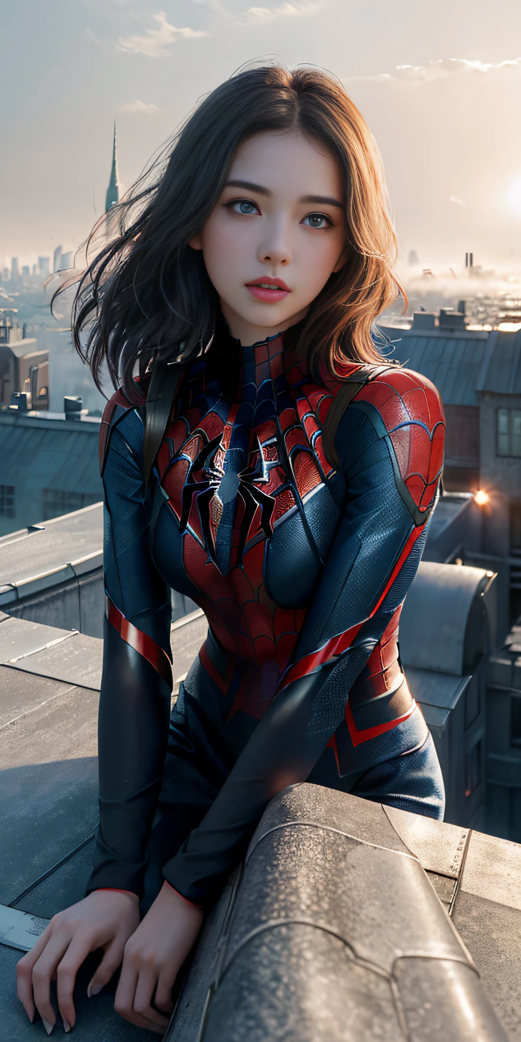 (1girl:1.3), Solo, (((Very detailed face)))), ((Very detailed eyes and face)))), Beautiful detail eyes, Body parts__, Official art, Unified 8k wallpaper, Super detailed, beautiful and beautiful, beautiful, masterpiece, best quality, original, masterpiece, super fine photo, best quality, super high resolution, realistic realism, sunlight, full body portrait, amazing beauty, dynamic pose, delicate face, vibrant eyes, (from the front), She wears Spider-Man suit, red and black color scheme, spider, very detailed city roof background, rooftop, overlooking the city, detailed face, detailed complex busy background, messy, gorgeous, milky white, highly detailed skin, realistic skin details, visible pores, clear focus, volumetric fog, 8k uhd, DSLR, high quality, film grain, fair skin, photo realism, lomography, futuristic dystopian megalopolis, translucent