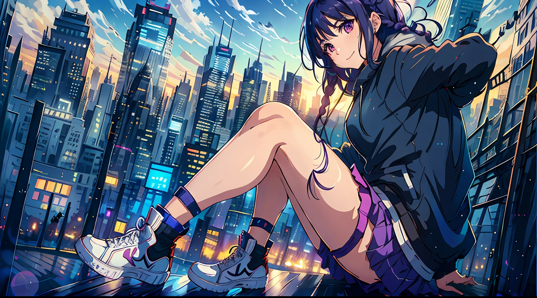 1girl, Smiling girl facing me, braid, long purple hair, modern hoodie, mini skirt, Converse shoes, modern city, on the edge of skyscape roof, noon, sun, blue sky, clouds, (taken from behind)), low angle, volumetric lights, 8K, top quality, sharp, detail, moon and sun, crystal clear night sky