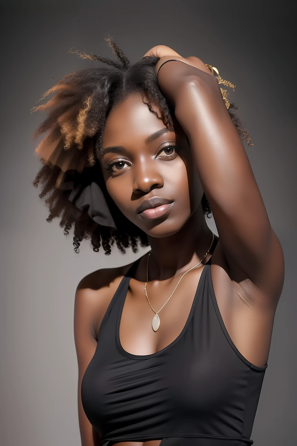 masterpiece, best quality, highly detailed, promotional photoshoot of young tall slender woman, dark skin, upper body, 32k, no light, darkness, backlight, simple background, hands down, ((short:1.5)) curly hair, black tank top, ((shadows)), sharp focus, flawless, centered, looking at the camera, aesthetic