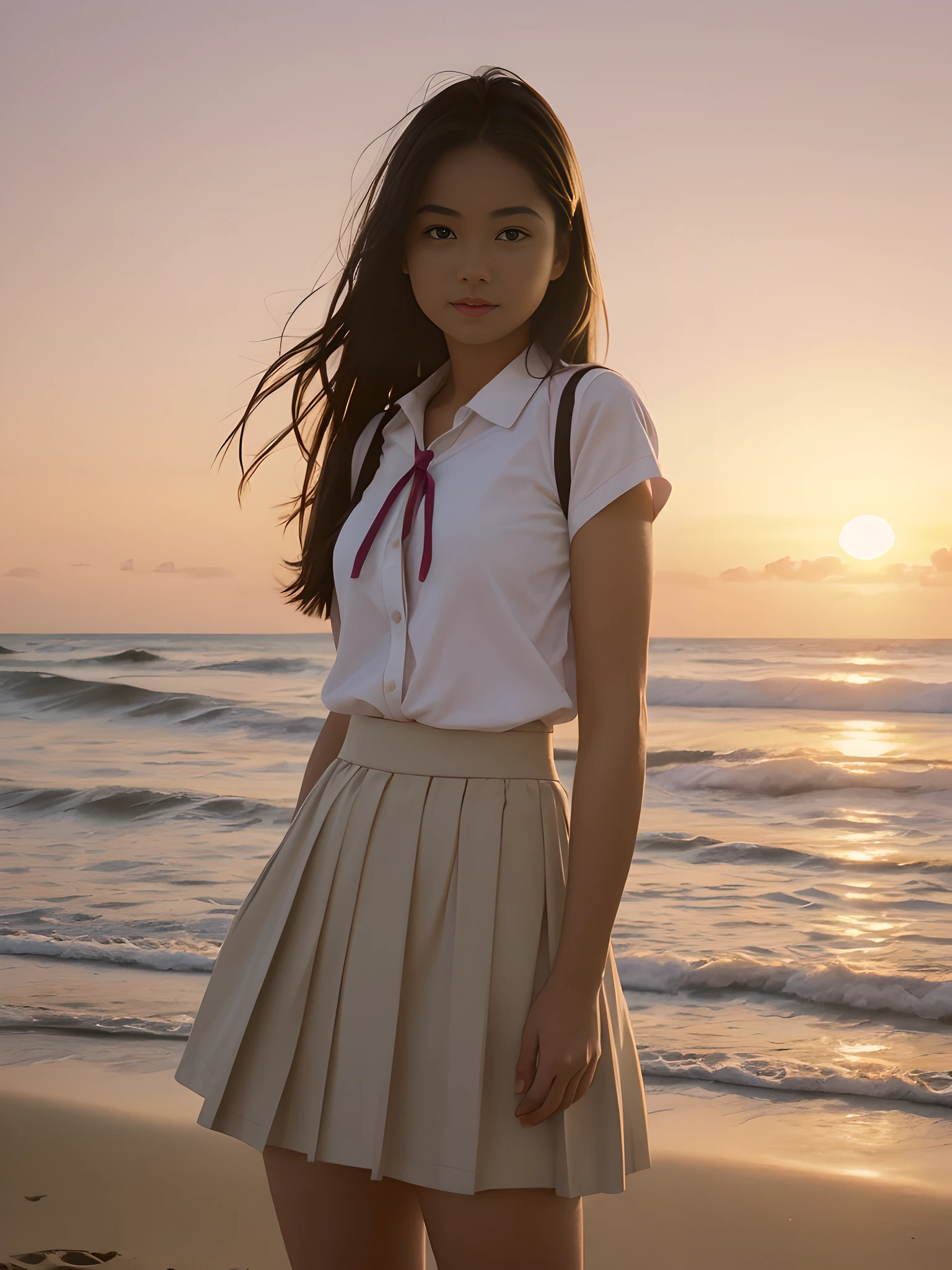arafed woman in a skirt and shirt standing on the beach, with sunset, a hyperrealistic schoolgirl, soft sunset lighting, hyperrealistic schoolgirl, wearing skirt, soft evening lighting, in the sunset, with a sunset, sunset light, wearing a skirt, in soft dreamy light at sunset, soft morning light, sunset lighting, realistic schoolgirl, cute schoolgirl