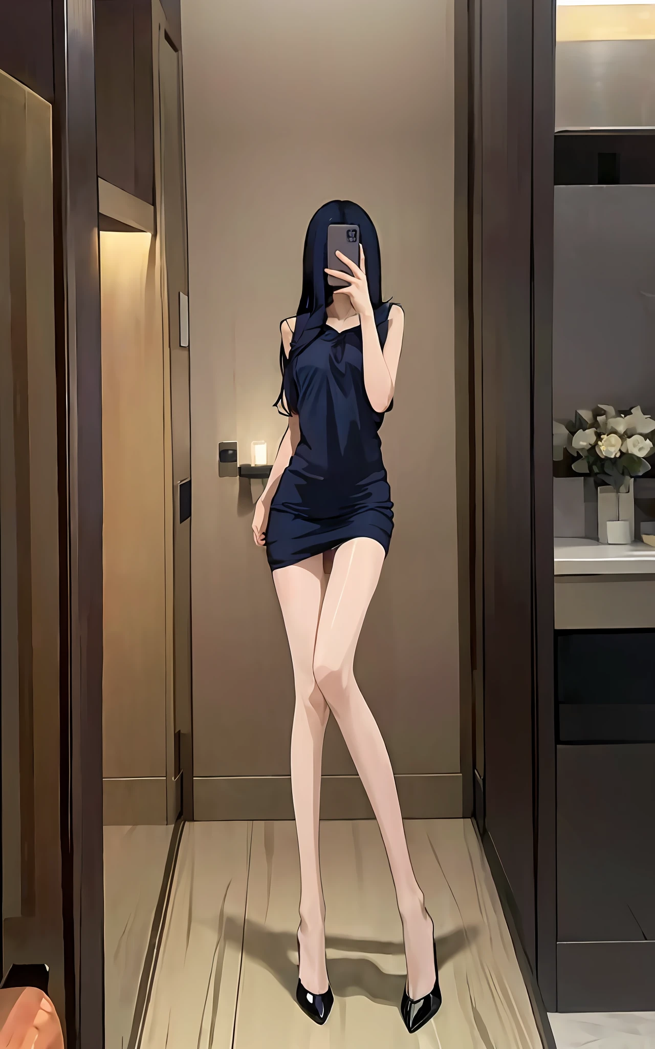 (RAW photo, best quality), (realistic, photo-realistic:1.4),
masterpiece, extremely delicate and beautiful,Amazing, finely detail, extremely detailed CG unity 8k wallpaper, huge filesize, ultra-detailed, highres, absurdres, soft light,rim light, vibrant details,
((perfect hand:1.2)), 
Take a selfie with phone in one hand and cover face,
1girl,very slim legs, very thin legs, very slender legs, long legs, very detailed legs, 
[standing|on chair|sitting|butterfly sitting],
[stockings|pantyhose|thighhighs|kneehighs], 
iphone, selfie, pose,small hand,
p_m_s, hinata/(boruto/), long hair, dark blue hair, blunt bangs