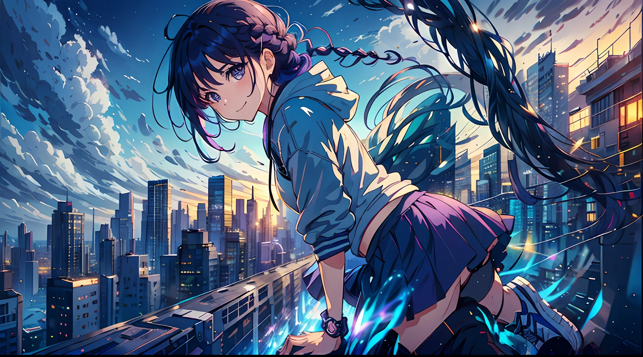 1girl, Smiling girl facing me, braid, long purple hair, modern hoodie, mini skirt, Converse shoes, modern city, on the edge of skyscape roof, noon, sun, blue sky, clouds, (taken from behind)), low angle, volumetric lights, 8K, top quality, sharp, detail, moon and sun, crystal clear night sky