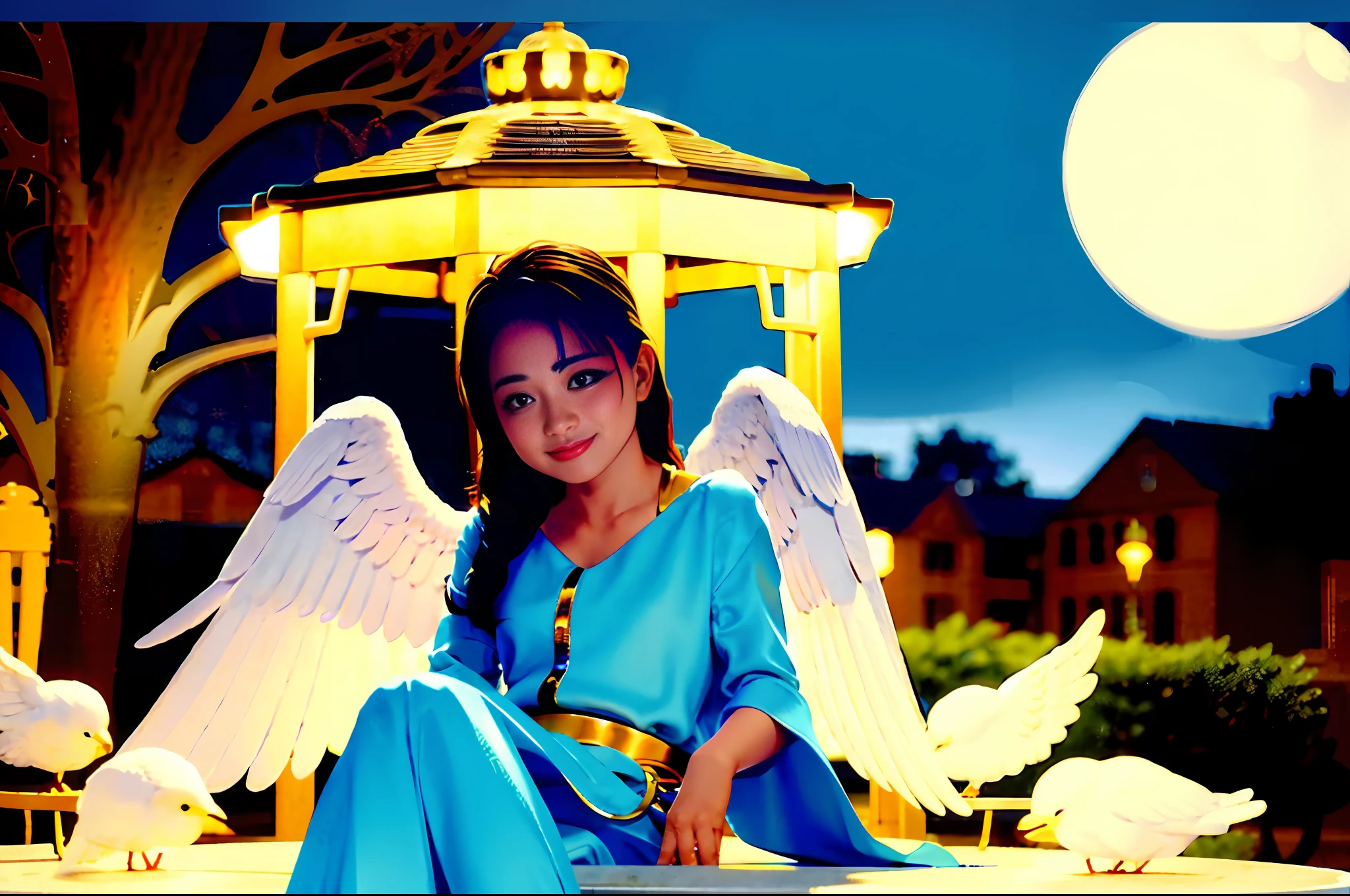 Cute angel (gorgeous face) with winged wings sits in open marble gazebo in night garden, surrounded by white birds flying around him, illuminated by the moon, intricate and detailed professional lighting, high resolution, 8K, studio lights