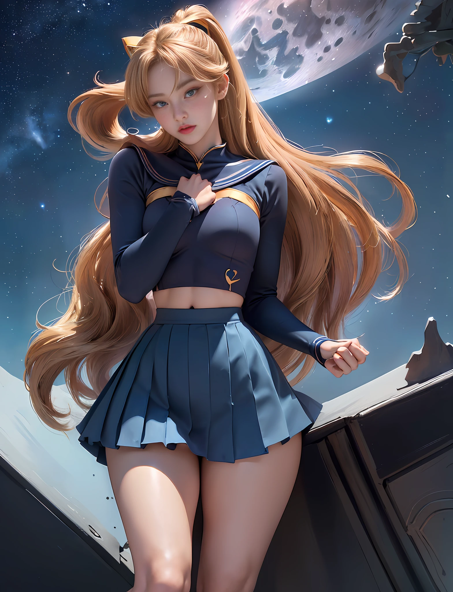 ((very detailed RAW color photo)), ((realistic)), (((1 girl))), (((alone))), (((33 years))), ((athletic)), ((very defined toned physique)), ((very defined and beautiful muscular body)), (((very detailed perfect body))), (((small and defined breasts))), (((ultra defined curves))), (((superior quality, 8k, masterpiece: 1.3)), sharp focus: 1.2, (((extremely beautiful girl with perfect figure: 1.4))), ((very thin waist: 1.2)), ultra detailed skin texture, ((perfect and beautiful hands)), ((smooth and soft skin)), (ultra detailed fabric texture), extremely beautiful ultra detailed face, (((extremely beautiful))), ultra detailed, (((girl wearing Sailor Venus costume))), (((the suit wears miniskirt))), (((extremely long curly blonde hair))), extremely beautiful, (((extra long ponytail with bangs))), ((very detailed and beautiful wolf ears)), (hair on the face), ((hair ribbon)), dynamic pose, ((uniform leaves thighs exposed)), ((ultra detailed and toned legs)), (((ultra detailed waist))), (((very wide hips))), (((very thick and toned thighs))), (sexy), (((extreme hourglass figure))), (((very thick heart lips))), ((red lipstick)), ((ultra detailed lips)), ((ultra detailed blue eyes)), ((angry look)), (((staring at the viewer))), ultra detailed provocative mouth, extremely beautiful seductive lips, ((blushing)), (makeup), (((ultra defined waist))), eye shadow, (full body shot), starry night, night sky, stars, full moon, galaxies and nebulae, snow
