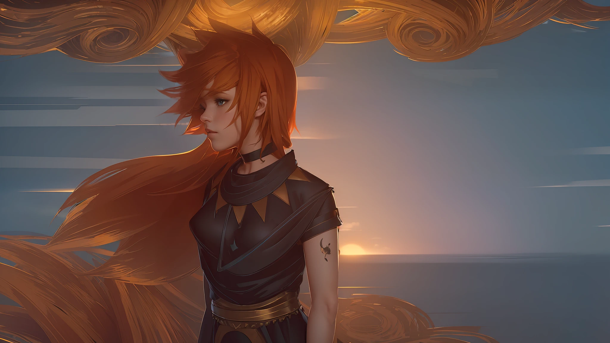 (Best quality, masterpiece, ArtStation, Fantasy Art:1.2), a beautiful cute girl standing in a garden balcony, (long messy ginger hair:1.1), (long black t-shirt, bare legs:1.2)