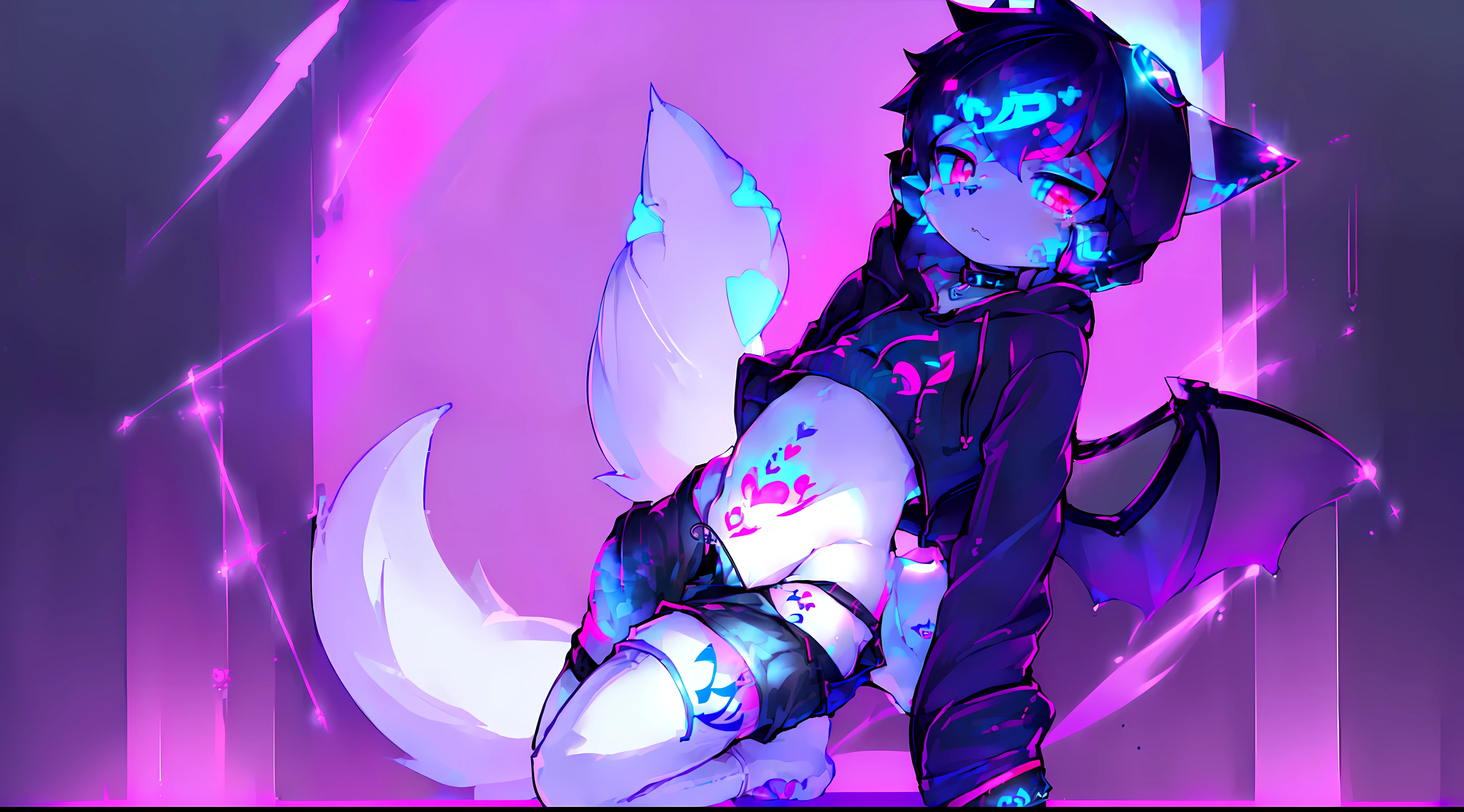Black Fox, ((Black body, White Body:1.5)), (((masterpiece))), collar, (Dragon Wings:1.45), (headphones:1.4), short hair, black hair, blush, (headphones:1.55), ((Thigh High Socks, Femboy Clothing, Femboy Thigh Highs:1.2)), ((a blue eyes, a pink eyes:1.55)), (((Femboy))), full body, ((womb tattoo, glowing tattoo:1.52)), ((guy look like women:1.52)), (fox tail:1.52), Full HD, 8K, ((short pant, Hoodie crop:1.52)), (small breasts:1.25), paw, full moon