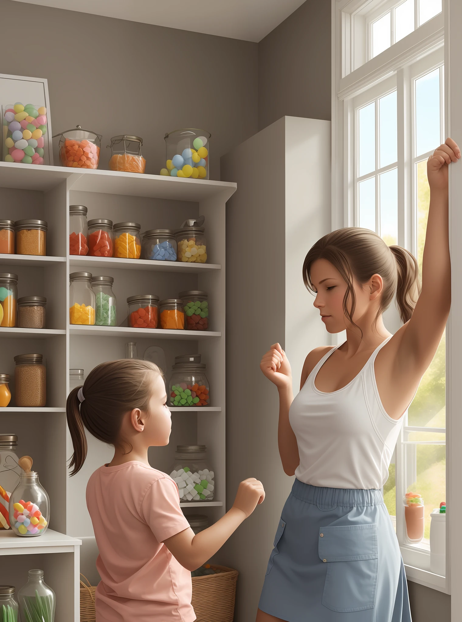 Realistic image of a mother fighting with her young son and a clean house with windows and candy jars