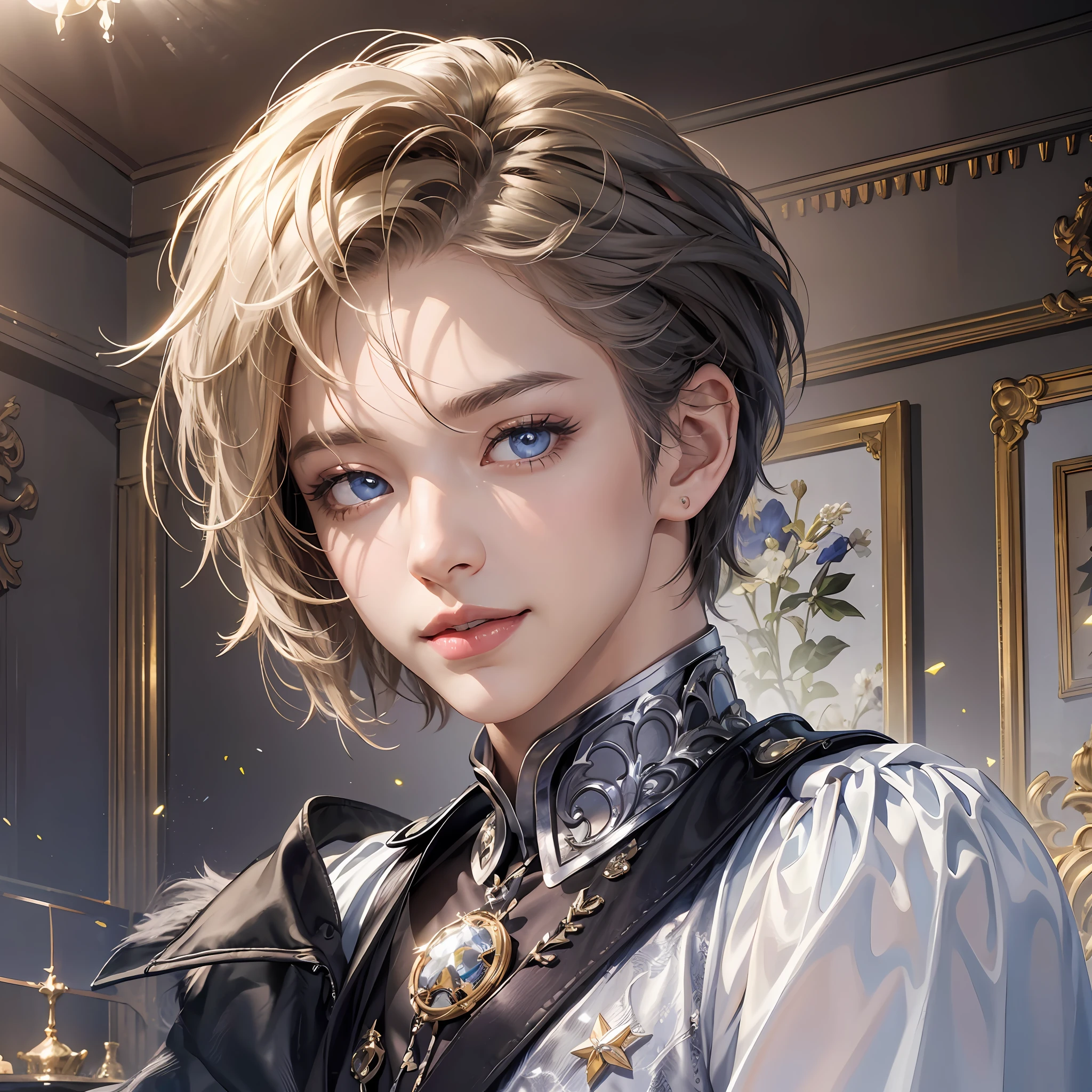 Absurdity, 1 boy, Star Eye, (Realistic:1.5), (Grey Eye:0.7), (Short hair:1), Sanpaku Eye,Staring at us,(Masterpiece, highly detailed CG unified 8k wallpaper, Best quality, High Definition: 1.2), (ultra_detailed, UHD:1.2), (pixiv:1.3), Perfect lighting, Clear, (1 Boy:1.6), Watch Viewer, Side light, Perfect face, Detailed face, Perfect Body, Beautiful Eyes, Clean Face, (Light Skin:1.4), Idol, Dark Place, Night, Dark Aura, (Evil Smile: 1.1), ((((Man)))), black T-shirt,