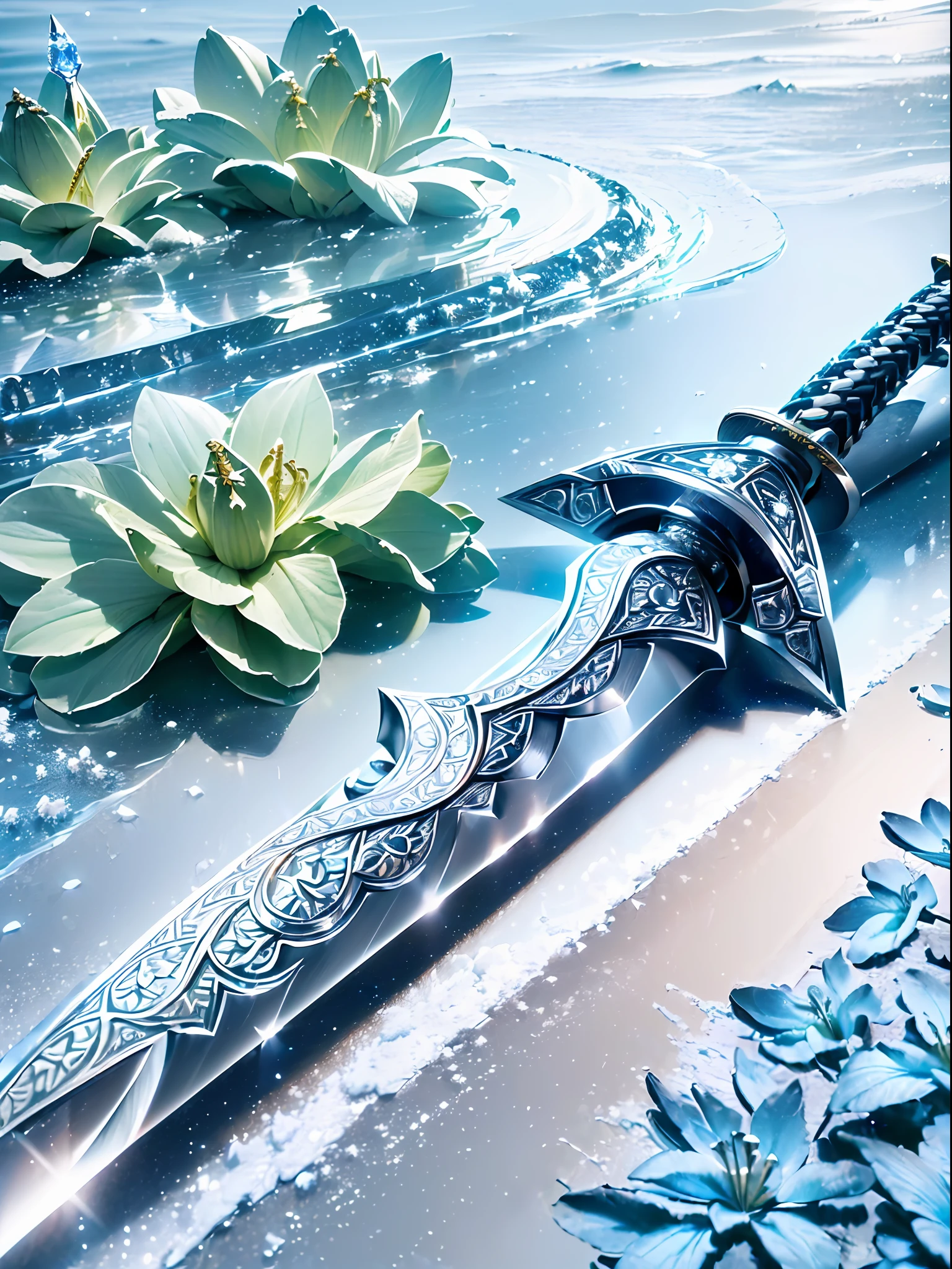 ((((A gorgeous complete close-up of a sword carved with complex patterns)))), carved with intricate patterns Close-up of a sword on the seabed in the background, delicate fantasy sword, 3D painting style 3D style ((the hilt is surrounded by pear blossoms, the big sword is surrounded by snowflakes,)), fantasy sword, armored blade, okish sword, steel sword, metal sword, sword design, fantasy weapon, epic fantasy weapon art, snow (((masterpiece)), ((3D effect best quality)), ((super detailed)) (detailed light) (very detailed CG Unity 8k wallpaper), (very detailed)) --q2 --s10 --s1000 --v6