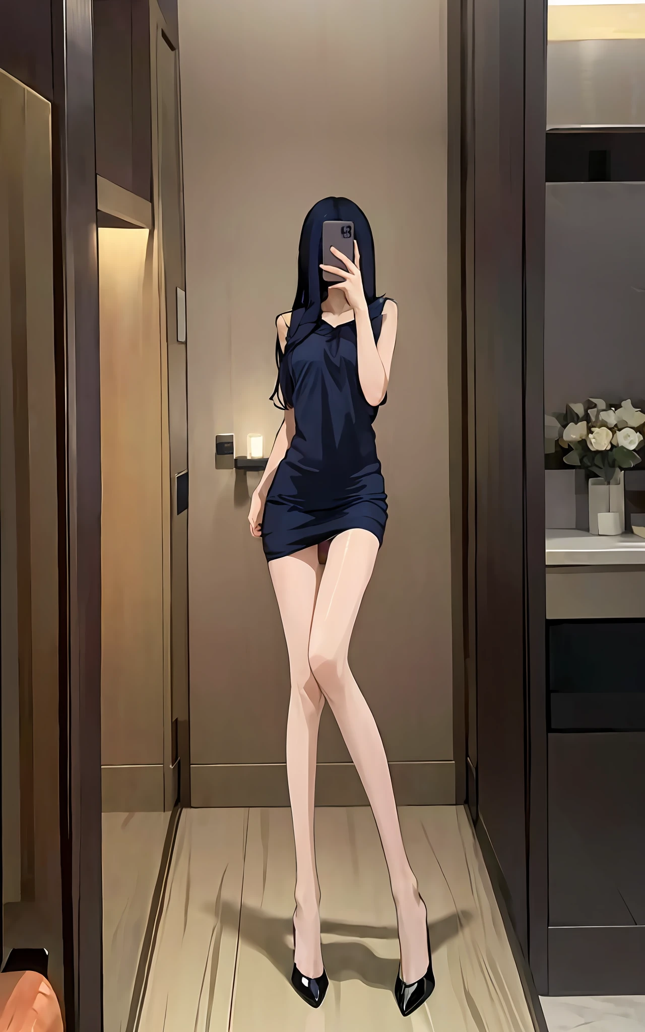 (RAW photo, best quality), (realistic, photo-realistic:1.4),
masterpiece, extremely delicate and beautiful,Amazing, finely detail, extremely detailed CG unity 8k wallpaper, huge filesize, ultra-detailed, highres, absurdres, soft light,rim light, vibrant details,
((perfect hand:1.2)), 
Take a selfie with phone in one hand and cover face,
1girl,very slim legs, very thin legs, very slender legs, long legs, very detailed legs, 
[standing|on chair|sitting|butterfly sitting],
[stockings|pantyhose|thighhighs|kneehighs], 
iphone, selfie, pose,small hand,
p_m_s, hinata/(boruto/), long hair, dark blue hair, blunt bangs