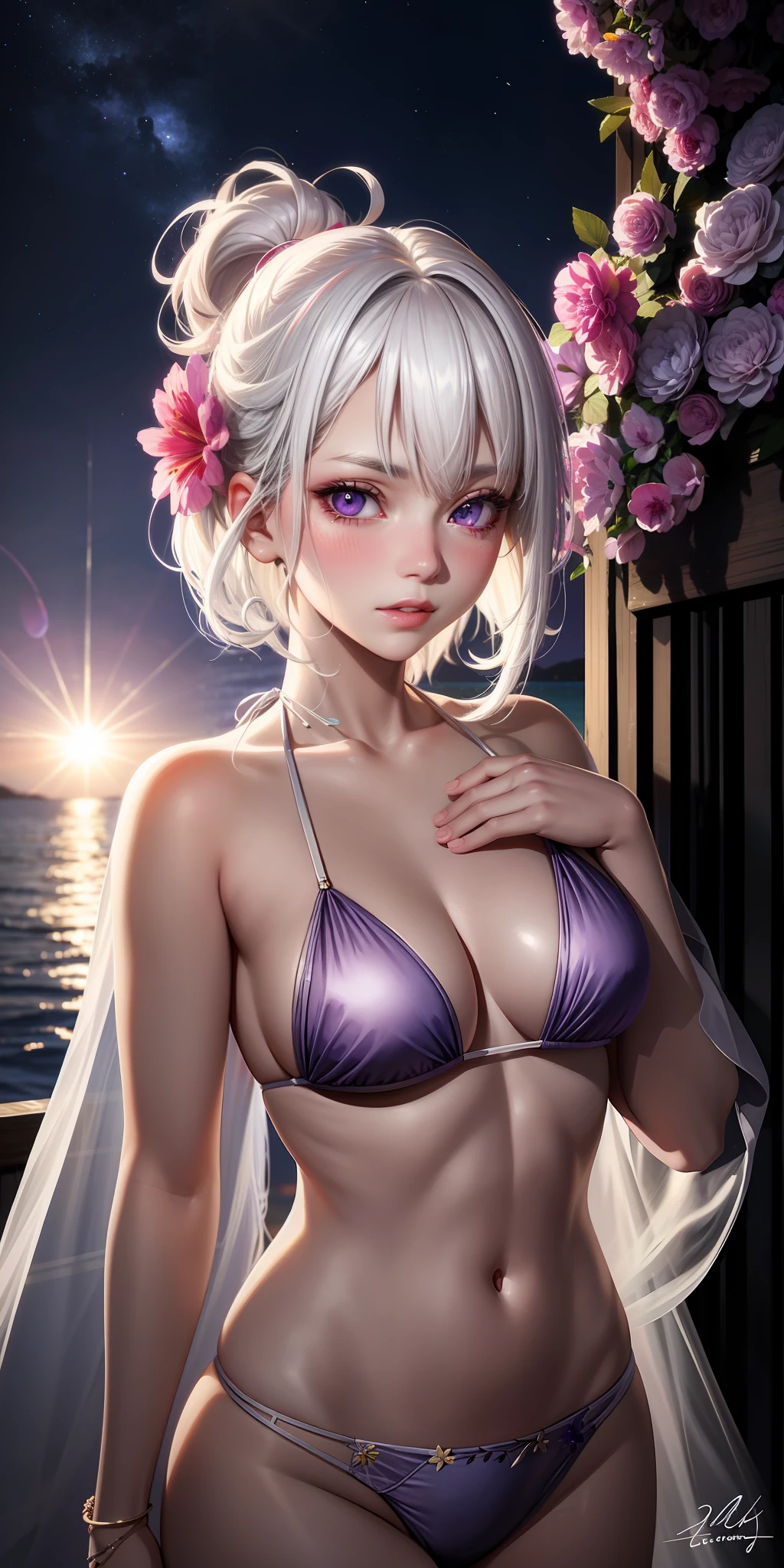 Realistic, 1girl, white hair, purple eyes, glowing eyes, bikini, parted lips, blush, night, flowers, sun, sunlight,