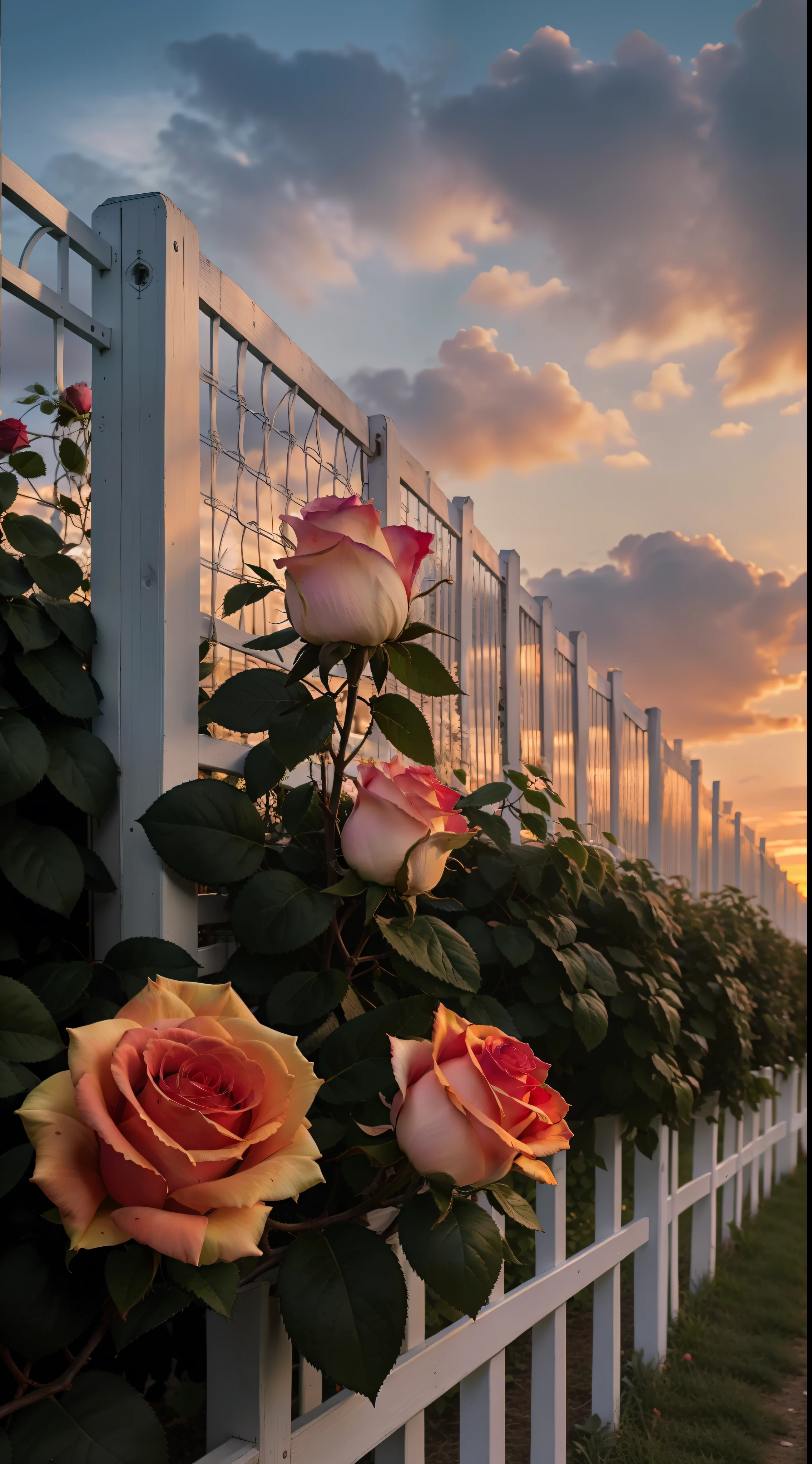 The sky is a magnificent sunset, In front of it is a row of white fences, The fence is covered with delicate roses, The colors of the roses are colorful, The whole picture is romantic, reality, high detail, Realism, chromatic aberration, chiaroscuro, UHD, masterpiece, ccurate, anatomically correct, super detail, high details, high quality, award winning, best quality, highres, 16k