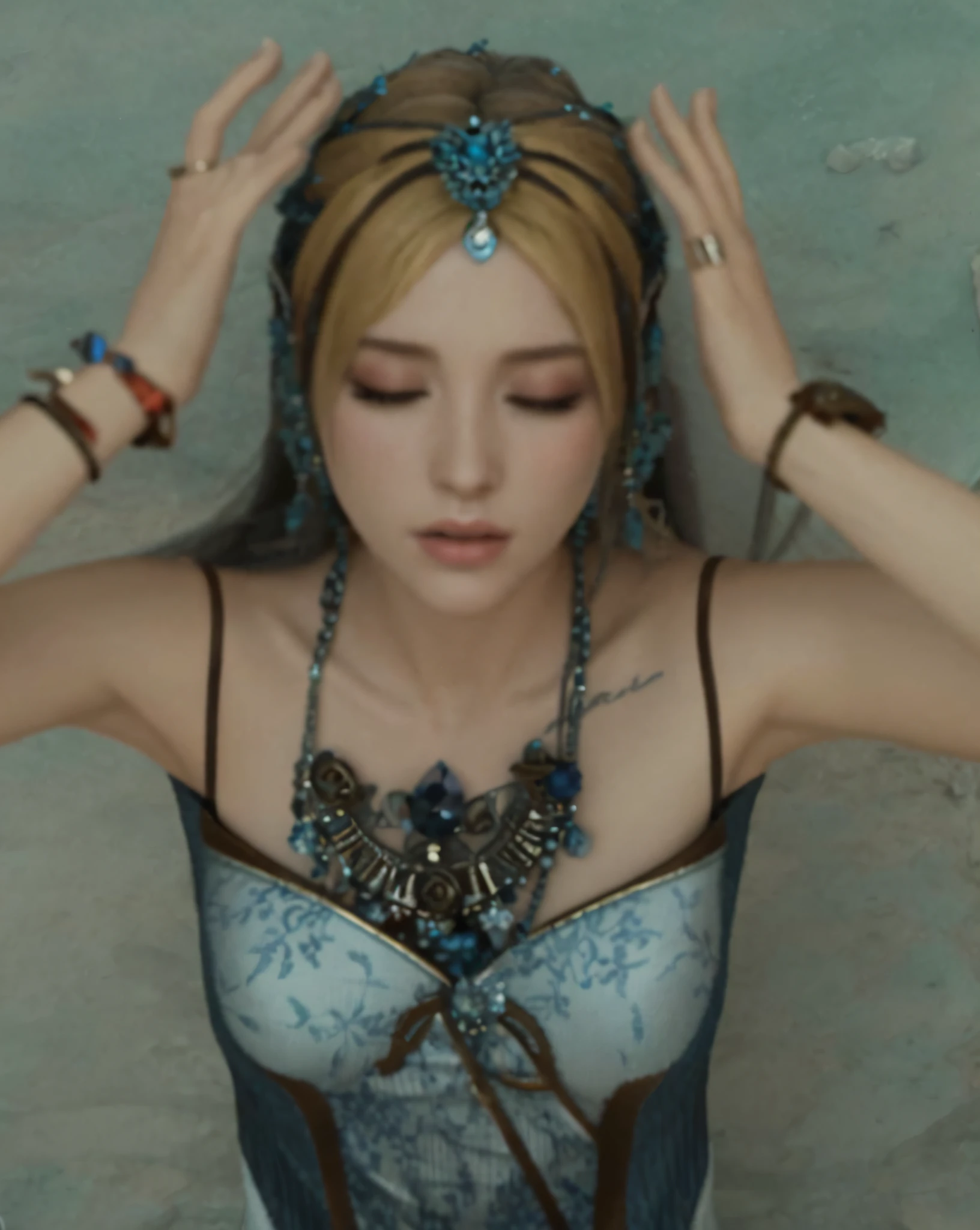 Athena, the female elf of Guvez wearing a blue and white dress, necklace and bracelet embellishment, beautiful and moving, shooting with a movie goddess and close-ups, as if the movie goddess of Arad appeared. Made in the Final Fantasy Guvez high-end artwork style and rendered using the ethereal Unreal Engine. Inspired by pedigree 2 and music videos.