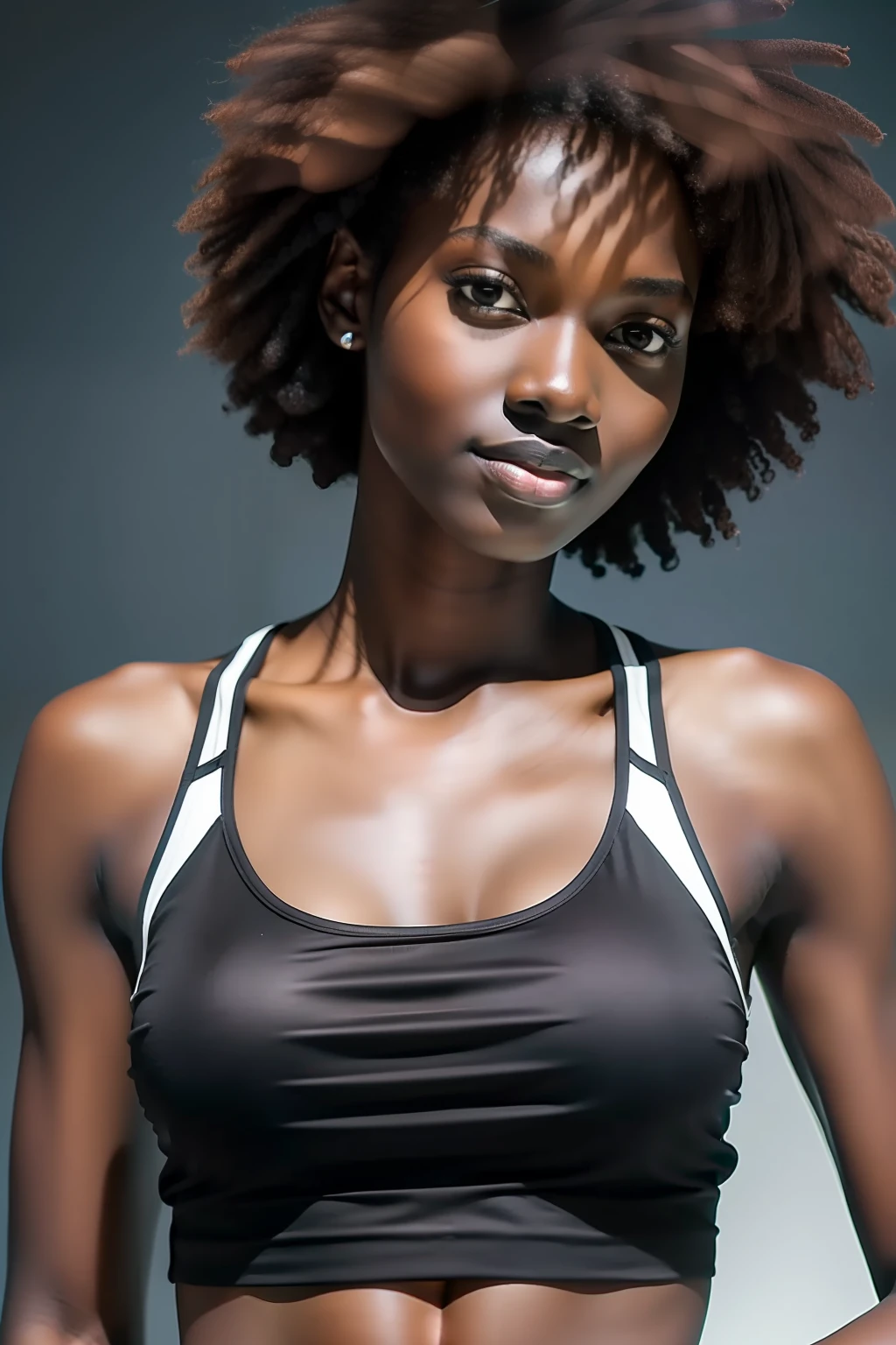 masterpiece, best quality, highly detailed, promotional photoshoot of young tall slender woman, dark skin, upper body, 32k, no light, darkness, backlight, simple background, hands down, ((short:1.5)) curly hair, black tank top, ((shadows)), sharp focus, flawless, centered, looking at the camera, aesthetic