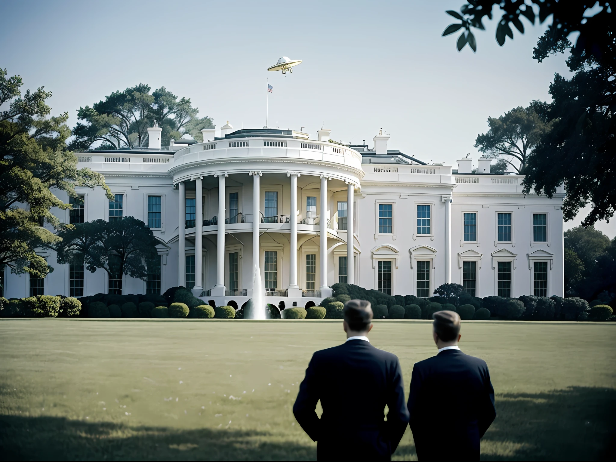 (masterpiece, best quality), USA, realistic photo from 1955, the white house, (UFO), passers-by, blurred, old photo, lost photo, flying saucer, conspiracy theory