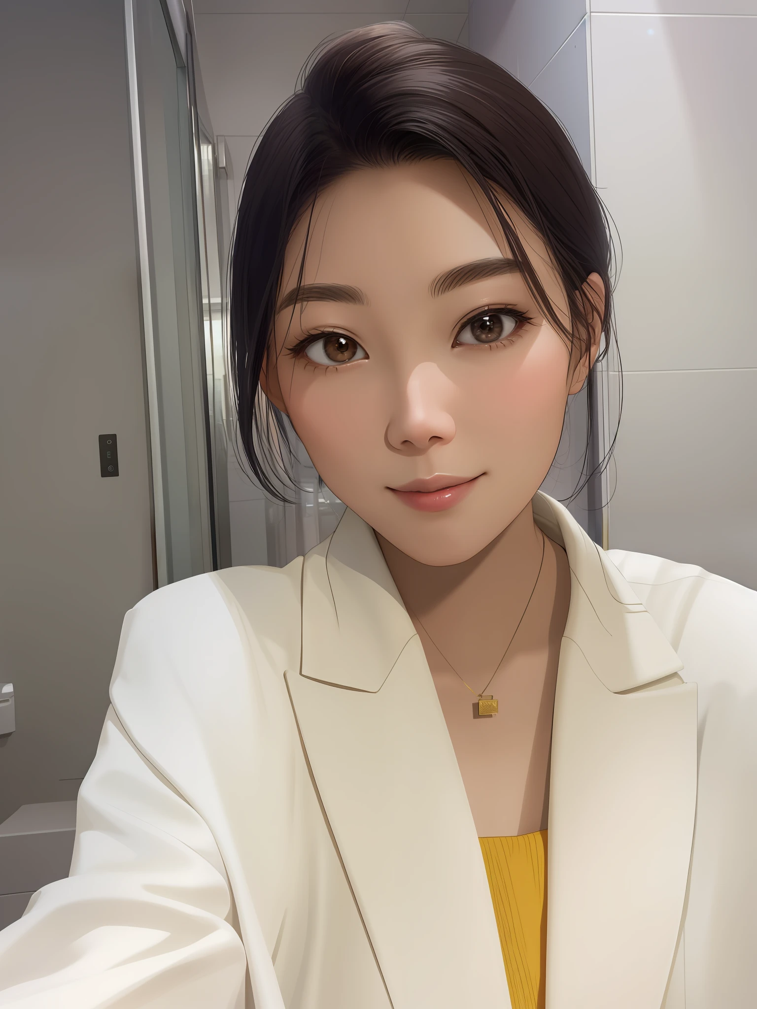 there is a woman taking a selfie in a bathroom mirror, louise zhang, 2 9 years old, 2 8 years old, 2 7 years old, 38 years old, 3 2 years old, 3 6 years old, professional profile picture, wenfei ye, gemma chen, 30 years old woman, 3 0 years old woman, katherine lam, jen zee