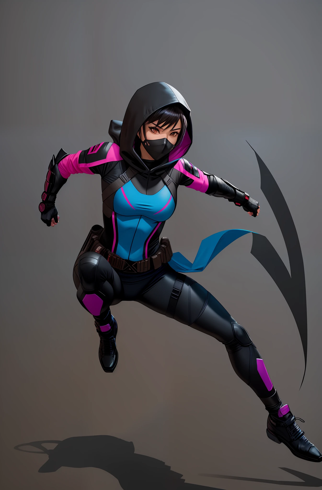 stealthy ninja superheroine, asian woman with short black hair, brown eyes, confident look, wearing hood and mouth mask, urban ninja, trans woman, tgirl, her costume is black and has few blue and pink details, small breasts, cool, cute