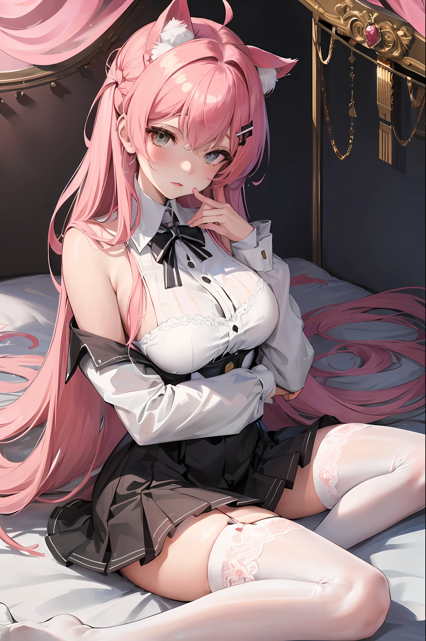 Best quality, masterpiece, super detailed details, anime beautiful girl sitting on bed, short pink hair, cat ears on her head, wearing maid outfit, white stockings, ((gentle expression)), from Girl Front, Girl Front style, exquisite details. Girl Front, Trend in CGSTATION, Kantai Collection Style, Gutiz Style Artwork, Gooditz, Trend in CGSTATION, Surreal Schoolgirl, Azure Lane Style, Girl Frontline CG, Seductive Anime Girl