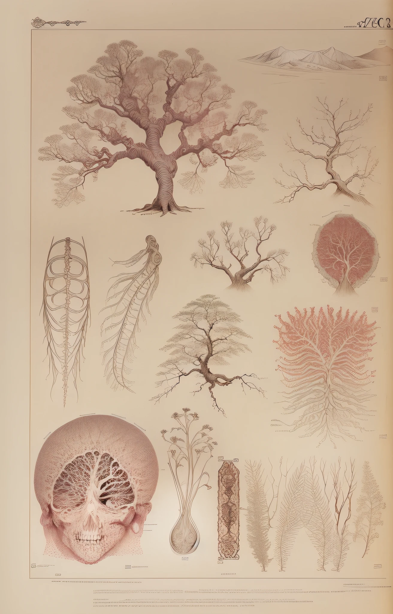 mountain, anatomical drawings, human circulatory system, arteries as roots, plant anatomy, medical depictions, anatomical art, anatomical diagrams, dreamy drawings of coronavirus, oakmoss, biological illustrations, deformed human body, hand-drawn outline, ink lines, plant prints, printed pages, anatomical drawings, anatomical portraits, anatomical art, medical depictions, anatomical diagrams, Alex Grey and Beksinski, Kameda Bōsai, Vladimir Tatlin, Itō Jakuchū, Kikuchi Yōsai, Kawanabe Kyōsai, Lü Ji, Austin Osman Spare, Tani Bunchō, Ryūkōsai Jokei, Henry van de Velde, Francesco Clemente --auto --s2