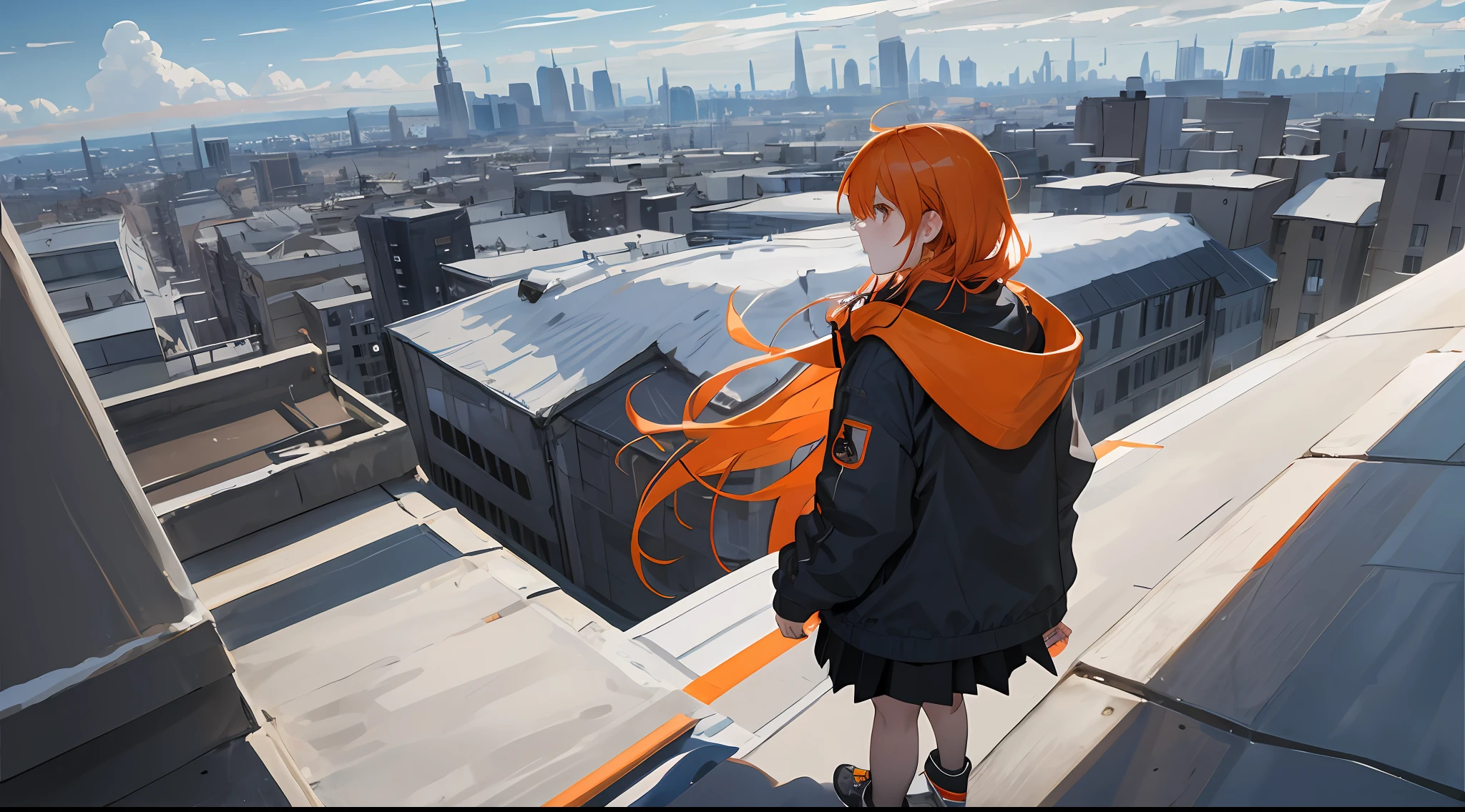 1girl, long orange hair, modern parka, skirt, converse shoes, modern city, on edge of a skyscaper's roof, midday, sun, blue sky, clouds, ((shot from back)), low angle, volumetric light, 8k, best quality, sharp, detailed