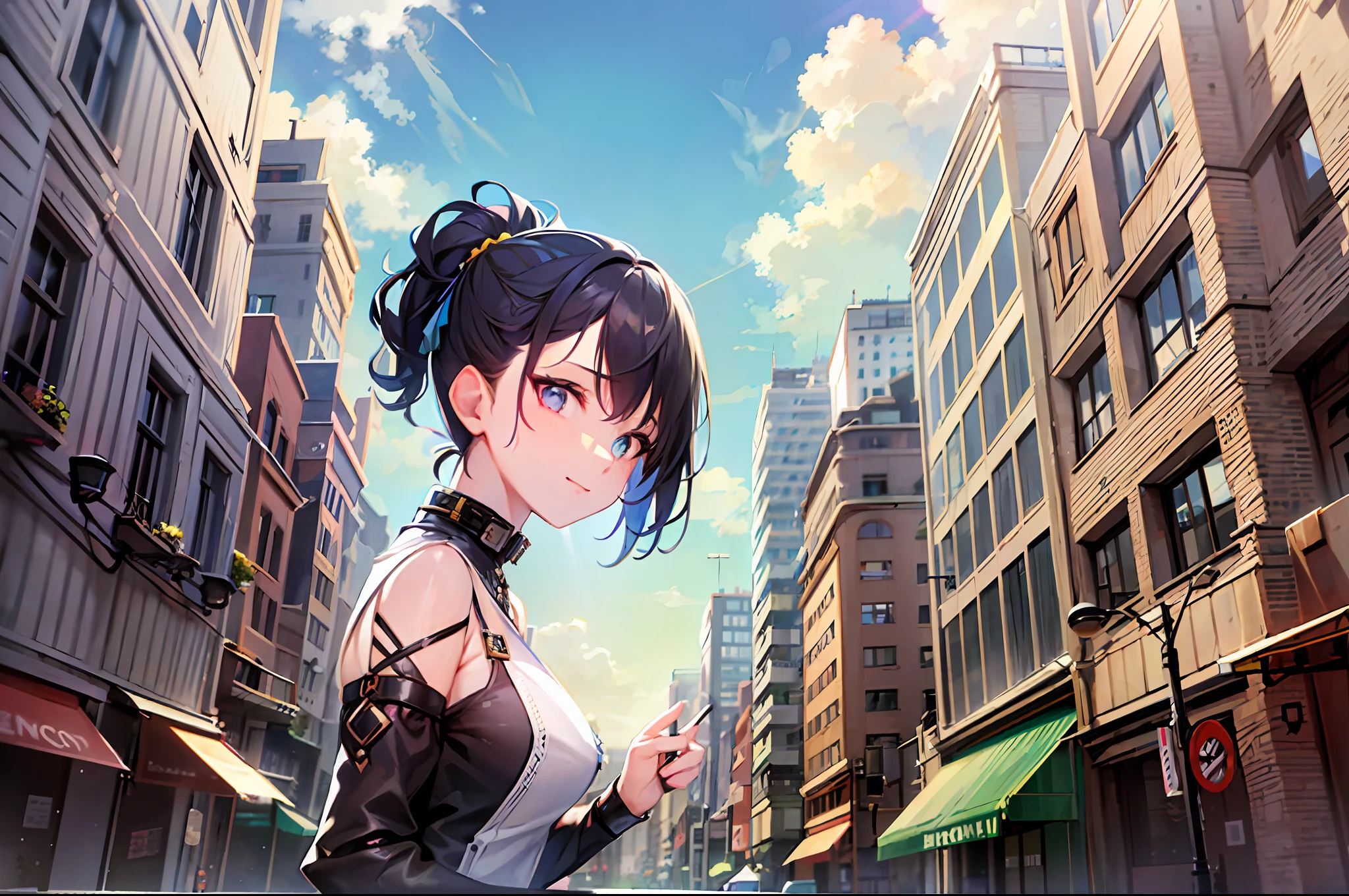 1girl, masterpiece, ultra-detailed, best quality, best art, ((cute fashion girl)), upper body, (cityscape, scenery:1.3), ((stylish)), colorful, vibrant, (undercut hair), detailed facial features, detailed background, sunny, suburbs, lens flare, mural, contemporary, whimsical, breeze