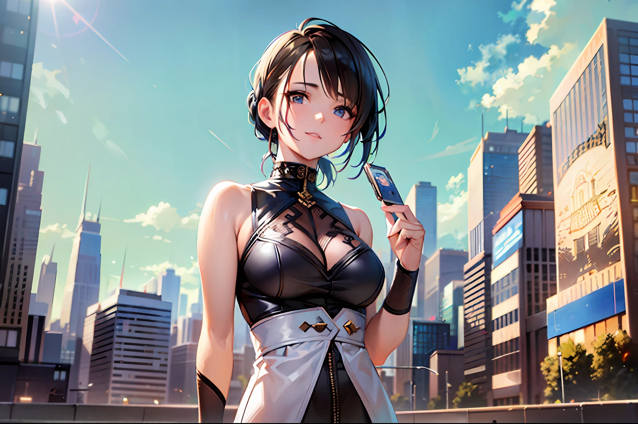 1girl, masterpiece, ultra-detailed, best quality, best art, ((cute fashion girl)), upper body, (cityscape, scenery:1.3), ((stylish)), colorful, vibrant, (undercut hair), detailed facial features, detailed background, sunny, suburbs, lens flare, mural, contemporary, whimsical, breeze
