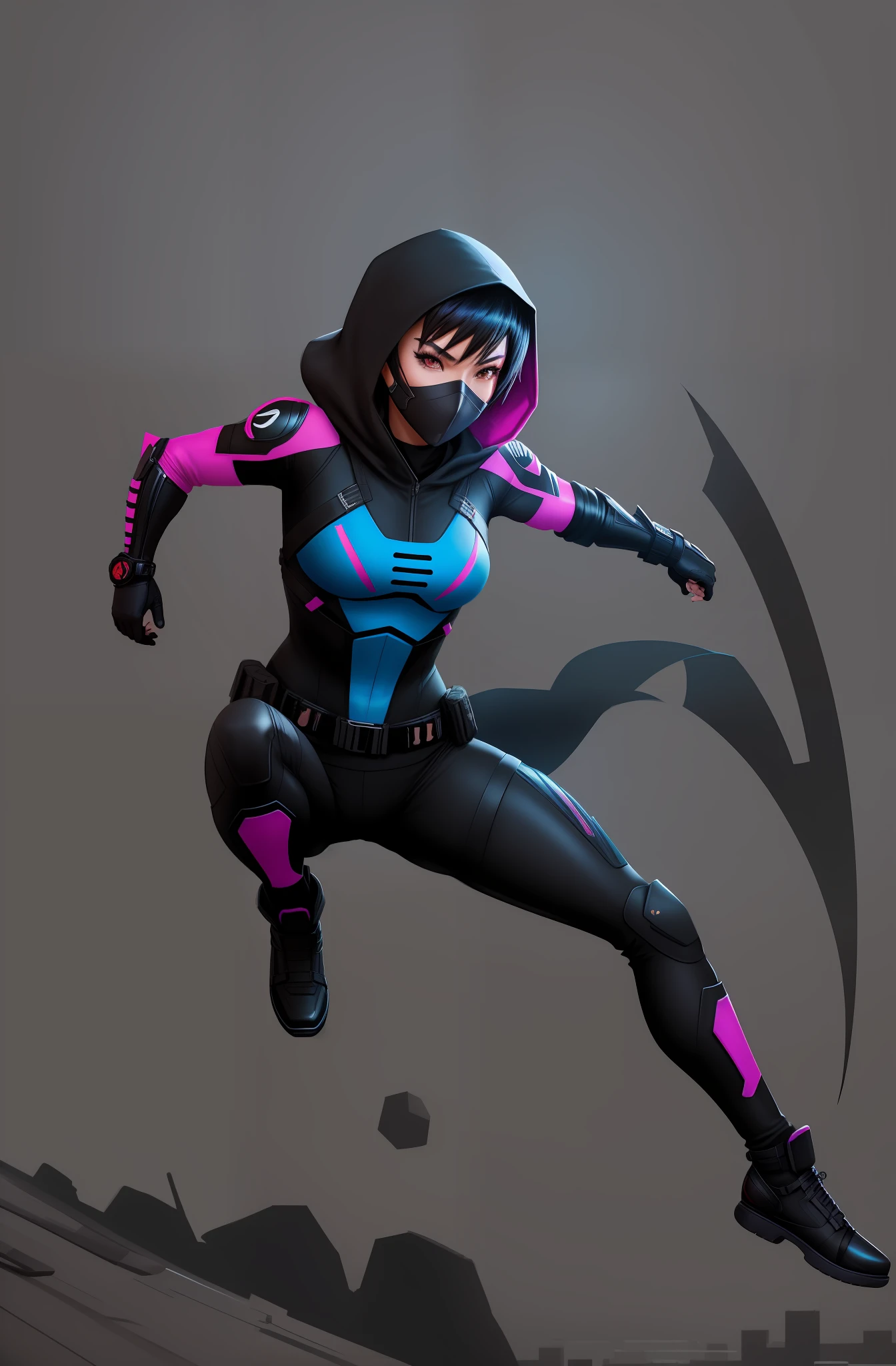 stealthy ninja superheroine, asian woman with short black hair, brown eyes, confident look, wearing hood and mouth mask, urban ninja, trans woman, tgirl, her costume is black and has few blue and pink details, small breasts, cool, cute