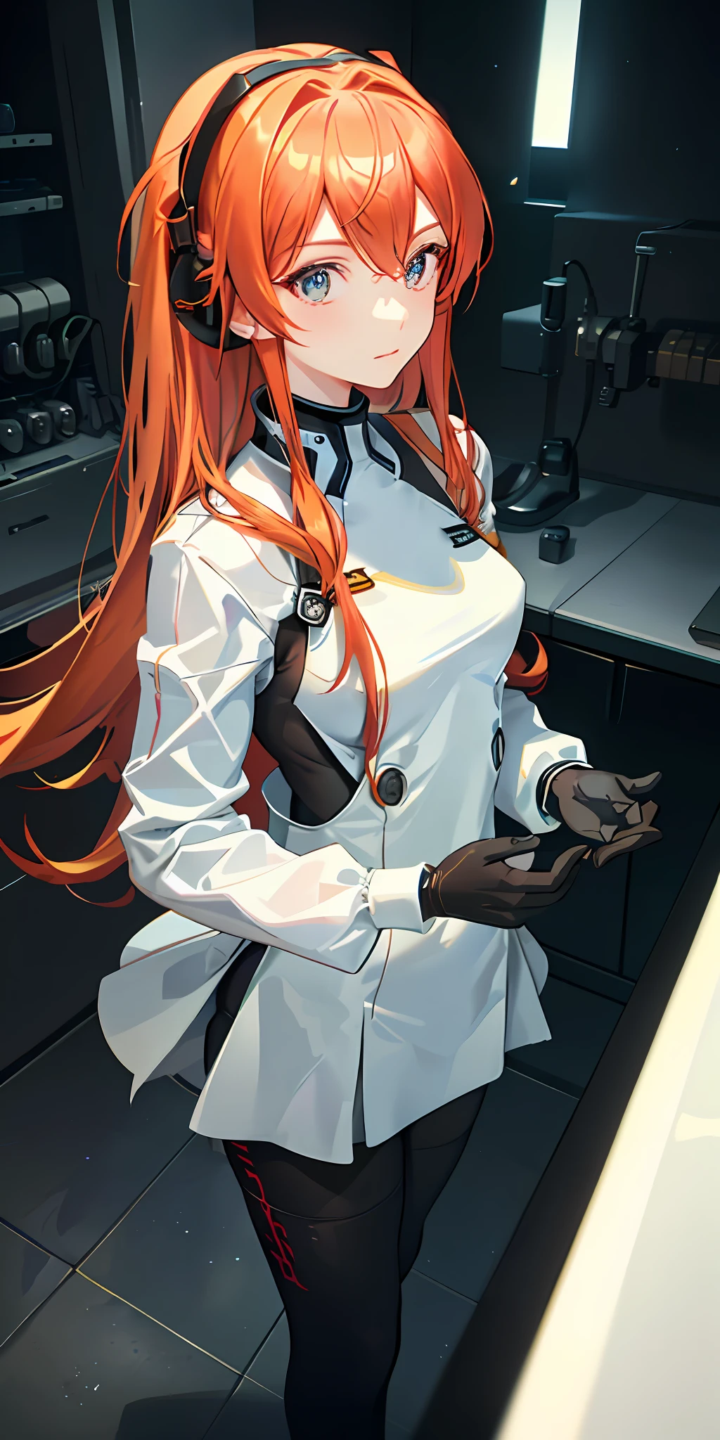 (Overhead view),dynamic angle,ultra-detailed, illustration, close-up, straight on, 1girl, 
 ((souryuu asuka langley, interface headset, red bodysuit:1.4, blonde)),Her eyes shone like dreamy stars,(glowing eyes:1.233),(beautiful and detailed eyes:1.1),(expressionless,closed mouth),(standing), 
(mechanic room with toolsand spaceship windowin a white SPACESHIP),
(night:1.2),dreamy, [[delicate fingers and hands:0.55]::0.85],(detail fingers),