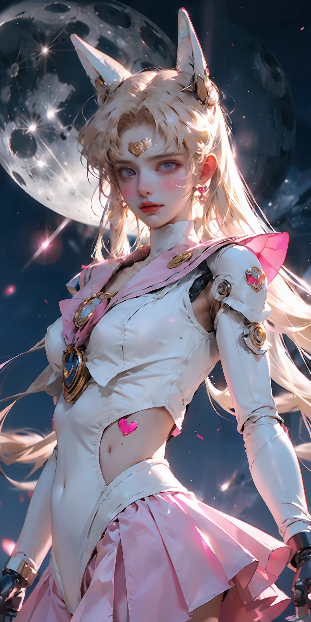 1 mechanical girl: 1.4, Sailor Moon, white mechanical arm, humanoid body, pink sailor suit, good-looking face, sailor Moon, moon hare, rabbit ears, mechanical ears, white blouse, blonde hair, mechanical arm, pink skirt, side, heart-shaped robot in the background, sci-fi background, complex background, hair glowing hair, forehead hair light, moon, panorama, mechanical wings, large wings in the background