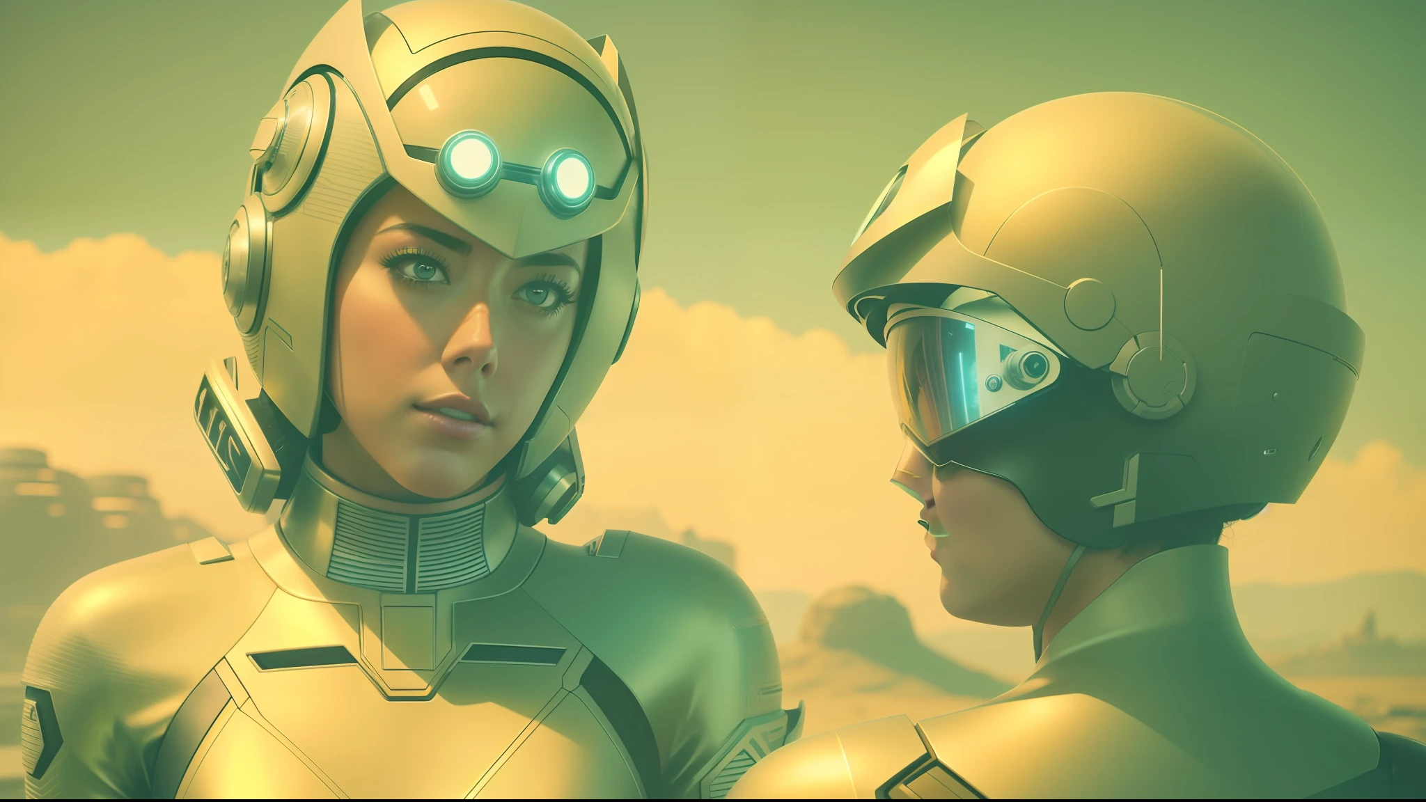 a woman (Chloe Bennet with a futuristic helmet talking to another woman, an album cover by Bedwyr Williams, cgsociety, retrofuturism, sci-fi, reimagined by industrial light and magic, synthwave
