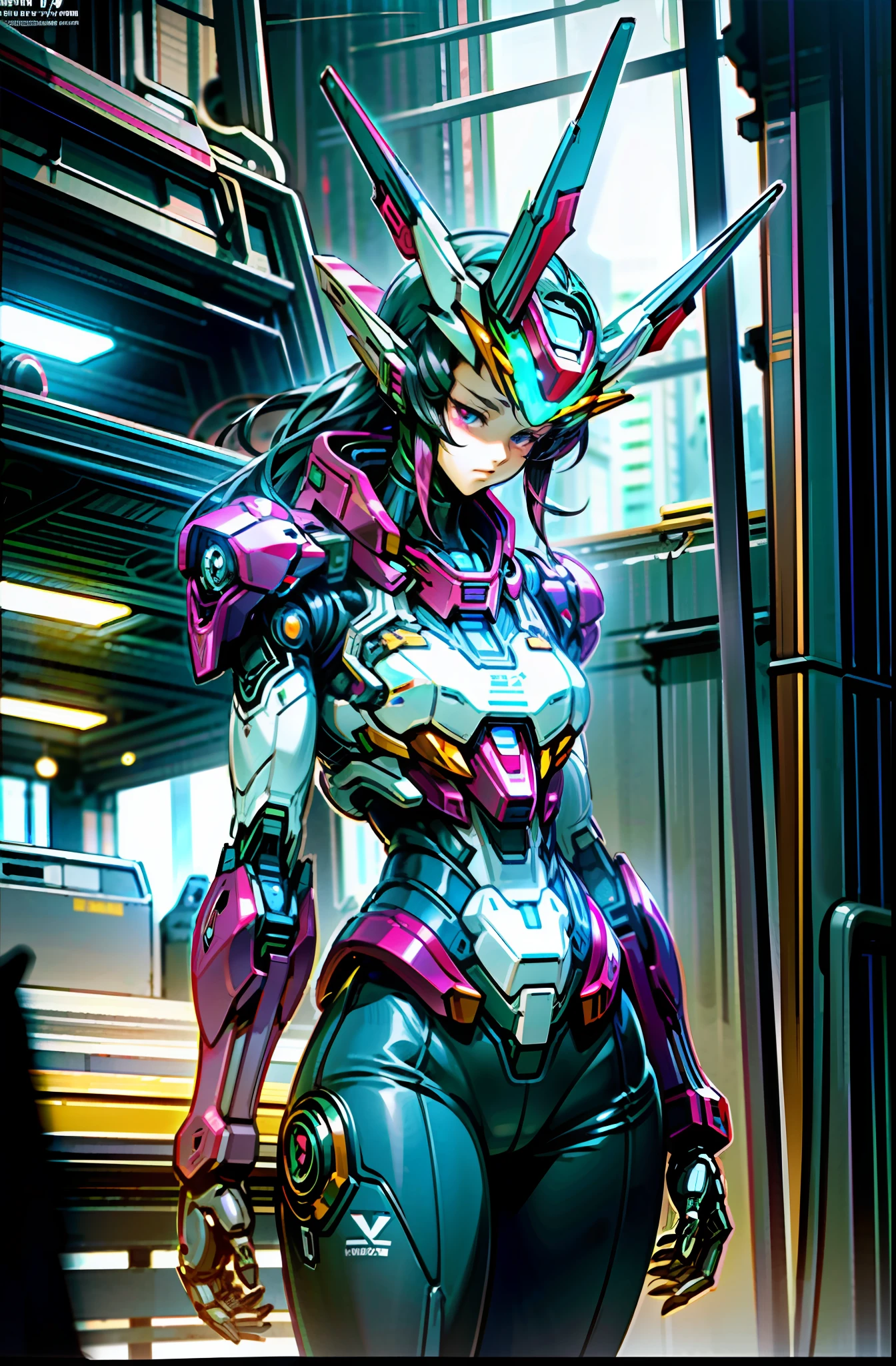 girl, sexy mecha suit, emphasized cleavage, mecha suit, face and chest and thighs skin exposed, big, cleavage exposed skin, purple eyes, glowing eyes, fine LED lamps, detailed neon, Dark_Fantasy, cyberpunk suit, (Gundam, red: 1.1), one, mechanical wonder, robot presence, cybernetic guardian, Wearing a worn-out mech suit, complex, (steel metal [rusty]), elegant and clear focus, cinematography by Greg Rutkowski, soft lighting, vivid colors, masterpiece, (street)), cowboy shots, dynamic poses,