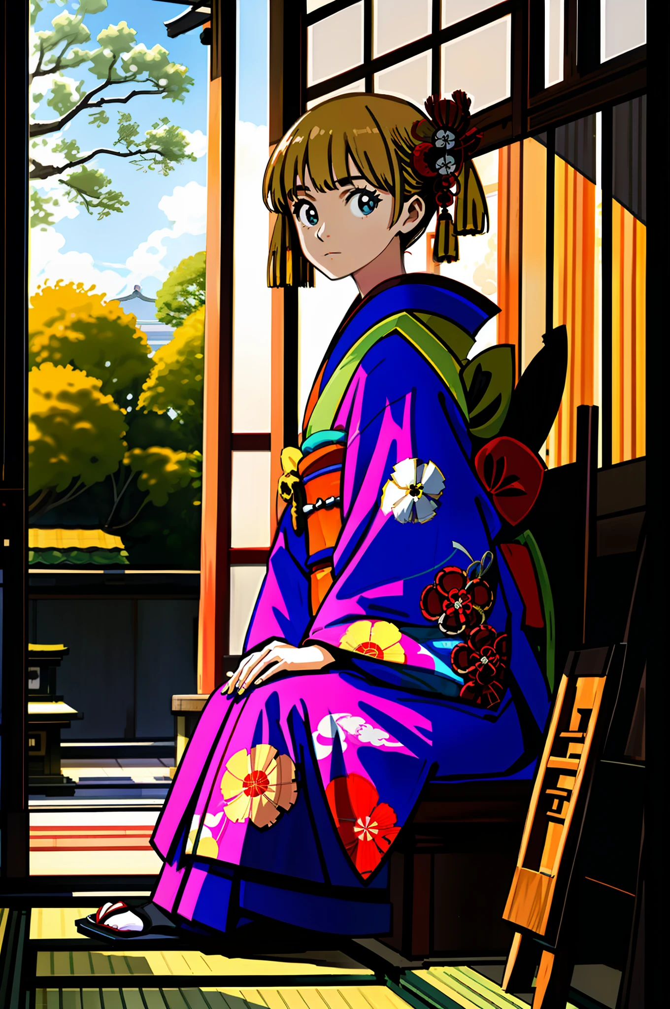 Close up portrait of one girl, kimono, Japan house, sitting