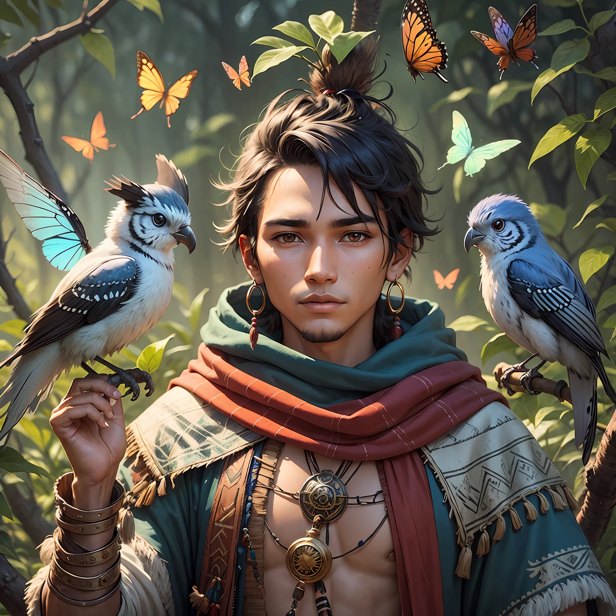 A young indigenous man as a druid magician, wild clothes, bird perched on his shoulder, butterflies flying --auto --s2