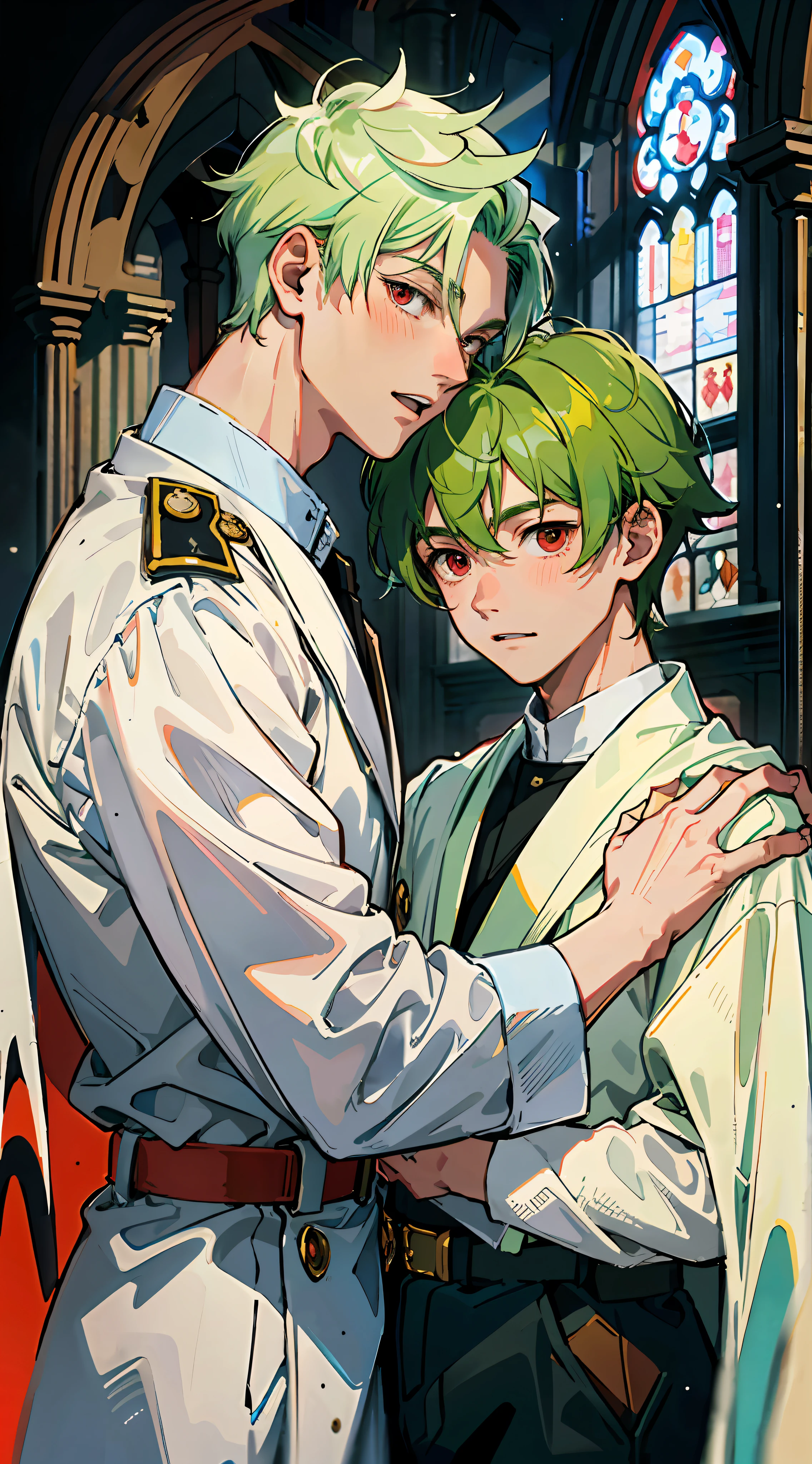 (Masterpiece: 1.4, highest quality), two young men facing each other in a church, and
2 young men, very cute and cool, with best image quality, (Cool young man in military uniform with very short blonde hair and red eyes: 1.2), and 2 young men, very cute and cool, with best image quality (cute young man and white clergy robe with green hair and big eyes: 1.2), dynamic pose, blush