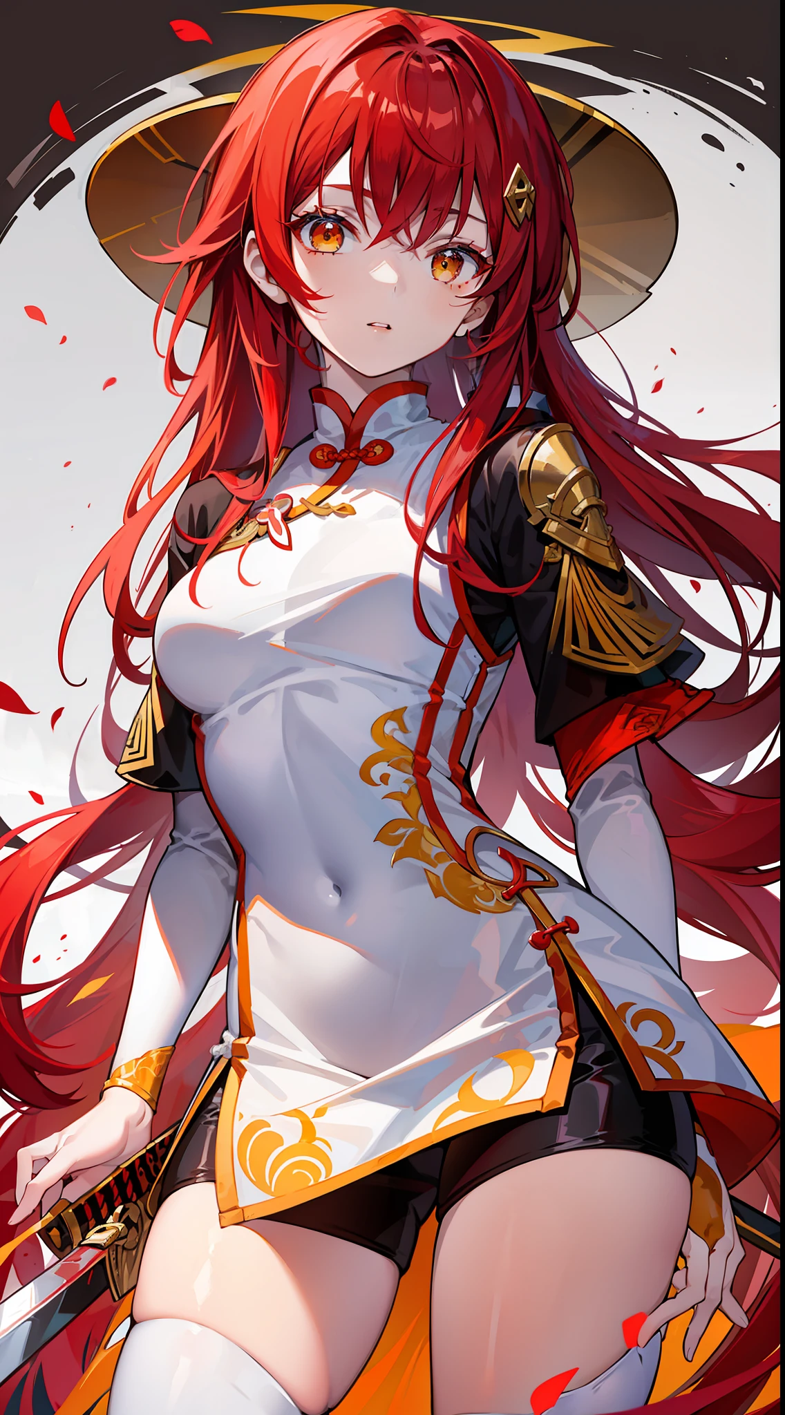 Young girl, long red hair, yellow eyes, white and red Chinese dress, tight dress, tight sleeves, tights, shorts, Chinese sword, masterpiece, high quality