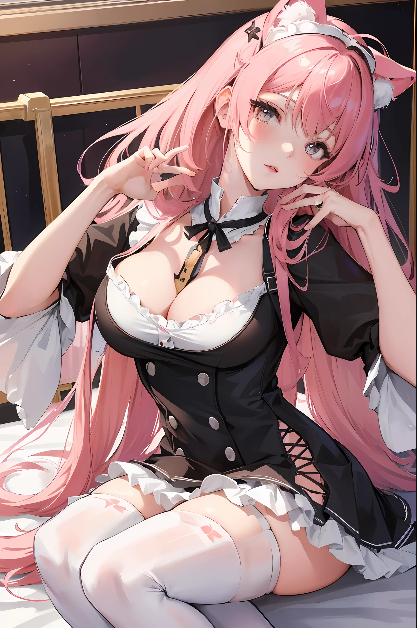 Best quality, masterpiece, super detailed details, anime beautiful girl sitting on bed, short pink hair, cat ears on her head, wearing maid outfit, white stockings, ((gentle expression)), from Girl Front, Girl Front style, exquisite details. Girl Front, Trend in CGSTATION, Kantai Collection Style, Gutiz Style Artwork, Gooditz, Trend in CGSTATION, Surreal Schoolgirl, Azure Lane Style, Girl Frontline CG, Seductive Anime Girl