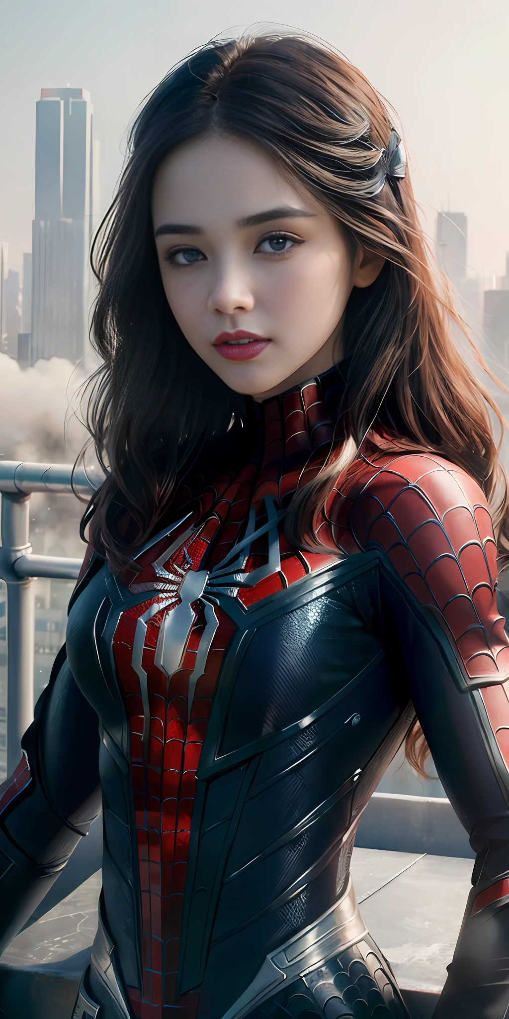(1girl:1.3), Solo, (((Very detailed face)))), ((Very detailed eyes and face)))), Beautiful detail eyes, Body parts__, Official art, Unified 8k wallpaper, Super detailed, beautiful and beautiful, beautiful, masterpiece, best quality, original, masterpiece, super fine photo, best quality, super high resolution, realistic realism, sunlight, full body portrait, amazing beauty, dynamic pose, delicate face, vibrant eyes, (from the front), She wears Spider-Man suit, red and black color scheme, spider, very detailed city roof background, rooftop, overlooking the city, detailed face, detailed complex busy background, messy, gorgeous, milky white, highly detailed skin, realistic skin details, visible pores, clear focus, volumetric fog, 8k uhd, DSLR, high quality, film grain, fair skin, photo realism, lomography, futuristic dystopian megalopolis, translucent