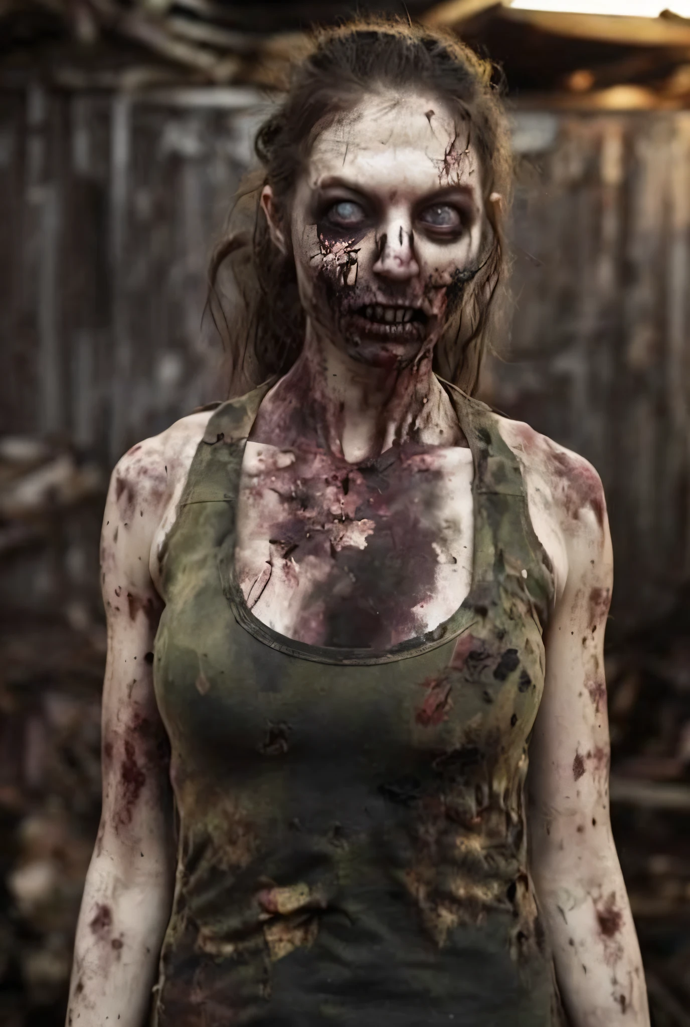 hyper real photo of ((military zombie woman inside a cluttered barn wearing sexy worn-out torn cotton tanktop)), ((detailed realistic face and eyes)), cinematic lighting, 8k resolution, (modelshoot style), sunset, (from_below:1.4), soft small covered by (ripped torn cotton tanktop), natural breasts