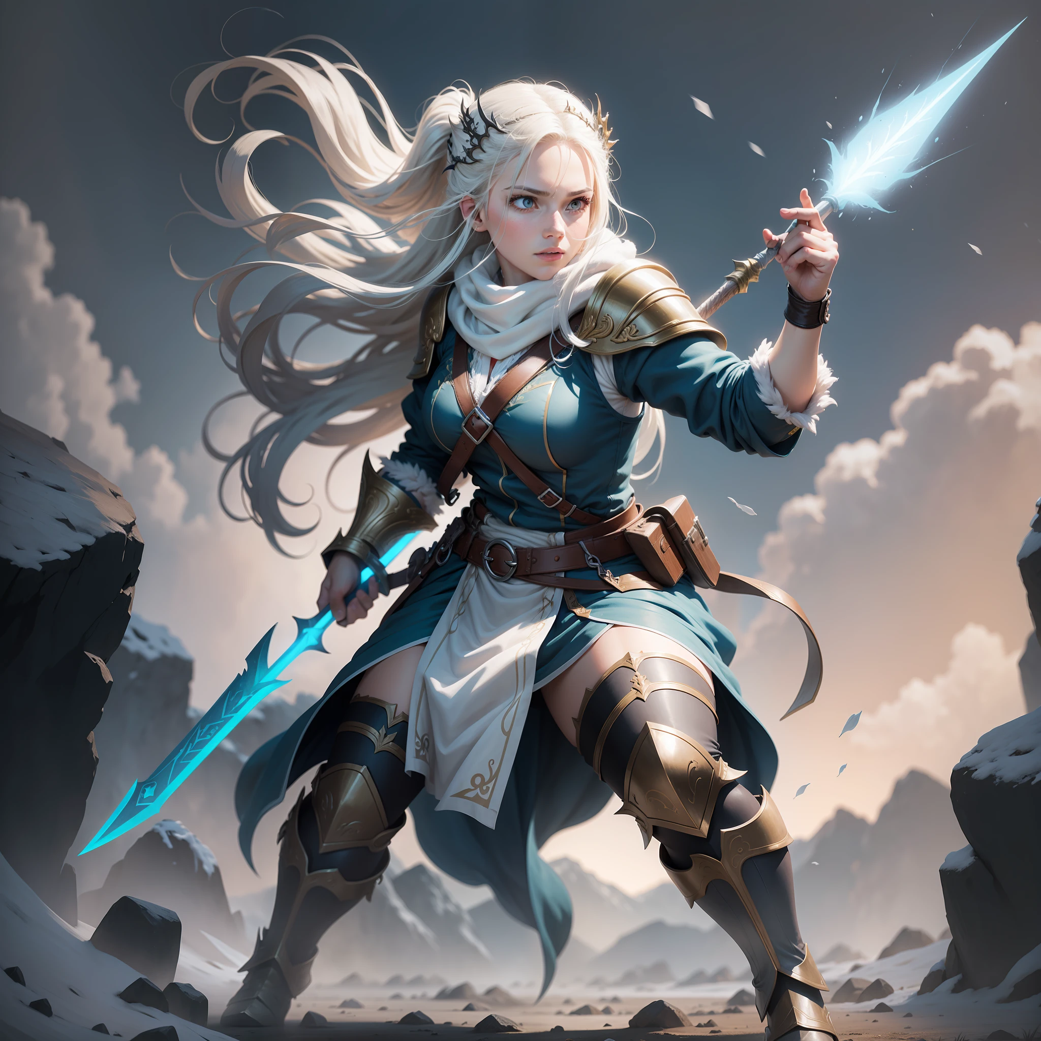 Maiden, cold, holding spear, white background, standing, fighting stance