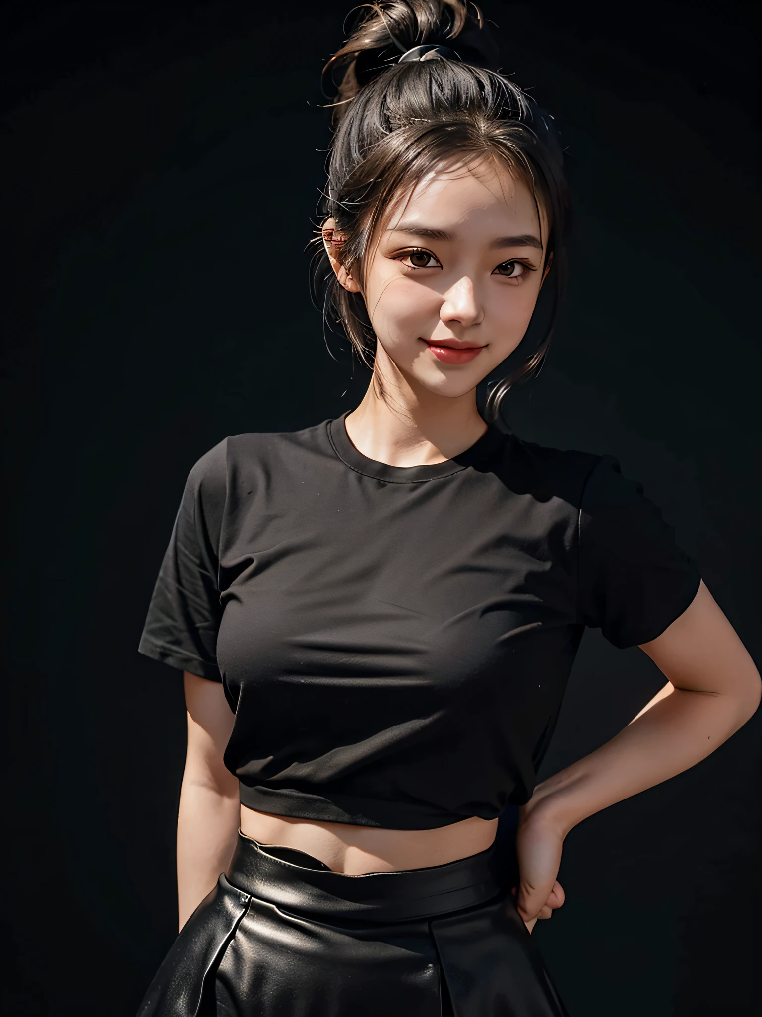 1 girl, smiling, cute, high ponytail hair, black t-shirt, sculpted waist skirt, waist up, deep shadow, in the dark, understated
Best Quality, Masterpiece, (Realistic: 1.4) Shimmer in the Dark, 8K