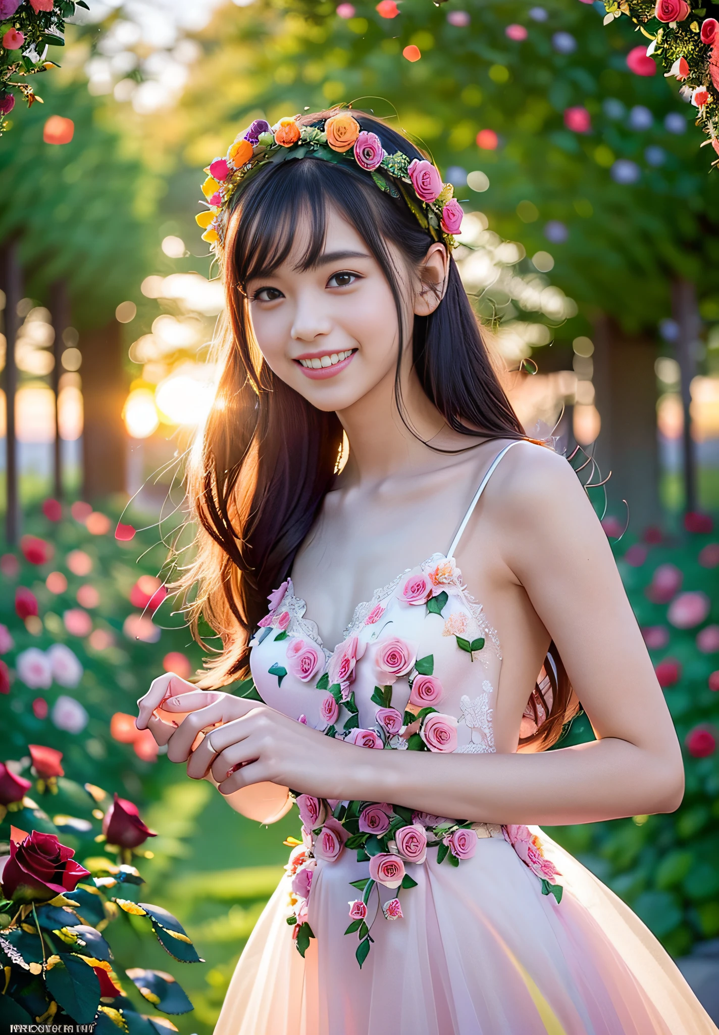 ((((Depth of field))),((((Sunset backlit),((Slim body)))),20 years old, twilight rays, lace wedding dress, flower crown, (((Rose tunnel))), rose front blur, bokeh, photorealistic, surrounded by colorful roses, ((smiling)))))), (mouth closed)))),(1 girl), ( Sunset:1.3), (8k, RAW photography, best quality, masterpiece:1.2), (realistic, photorealistic:1.37), best quality, ultra high resolution,(standing in a flower garden:1.3), (vivid and colorful:1.3)