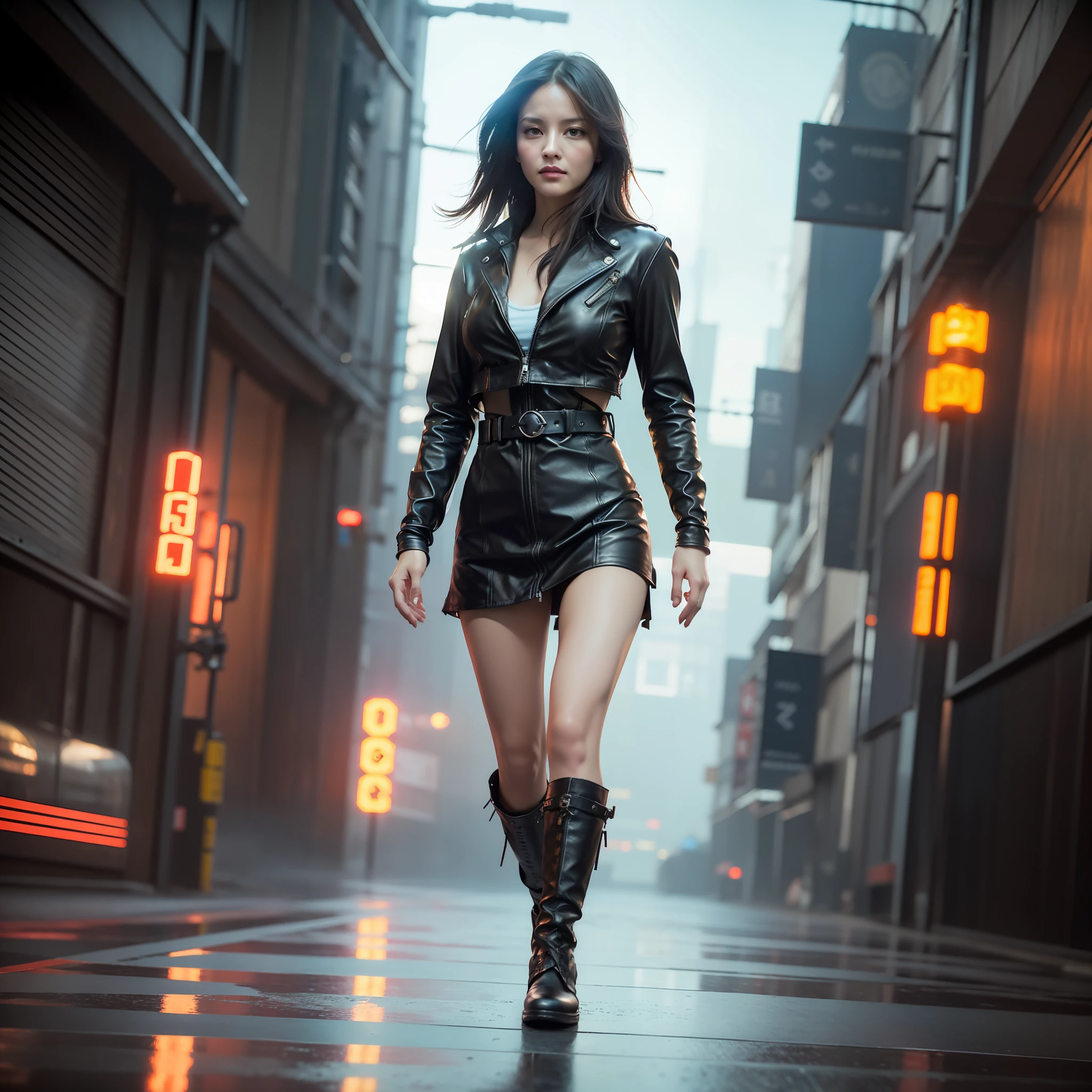 full body shot photo of the most beautiful artwork in the world featuring a modern female (rogue thief:1.1) wearing multiple layer (leather armor:1.1), sexy, big eyes, urban tokyo futuristic look, neon lights, night, slow motion, reflections, orange raincoat, intricate detail, nostalgia, high boots, heart professional majestic oil painting by Ed Binkley, Atey Ghailan, Studio Ghibli, by Jeremy Mann, Gregory Manchess, Antonio Moro, trending on ArtStation, trending on CGSociety, Intricate, High Detail, Sharp focus, dramatic, photorealistic painting art by midjourney and greg rutkowski